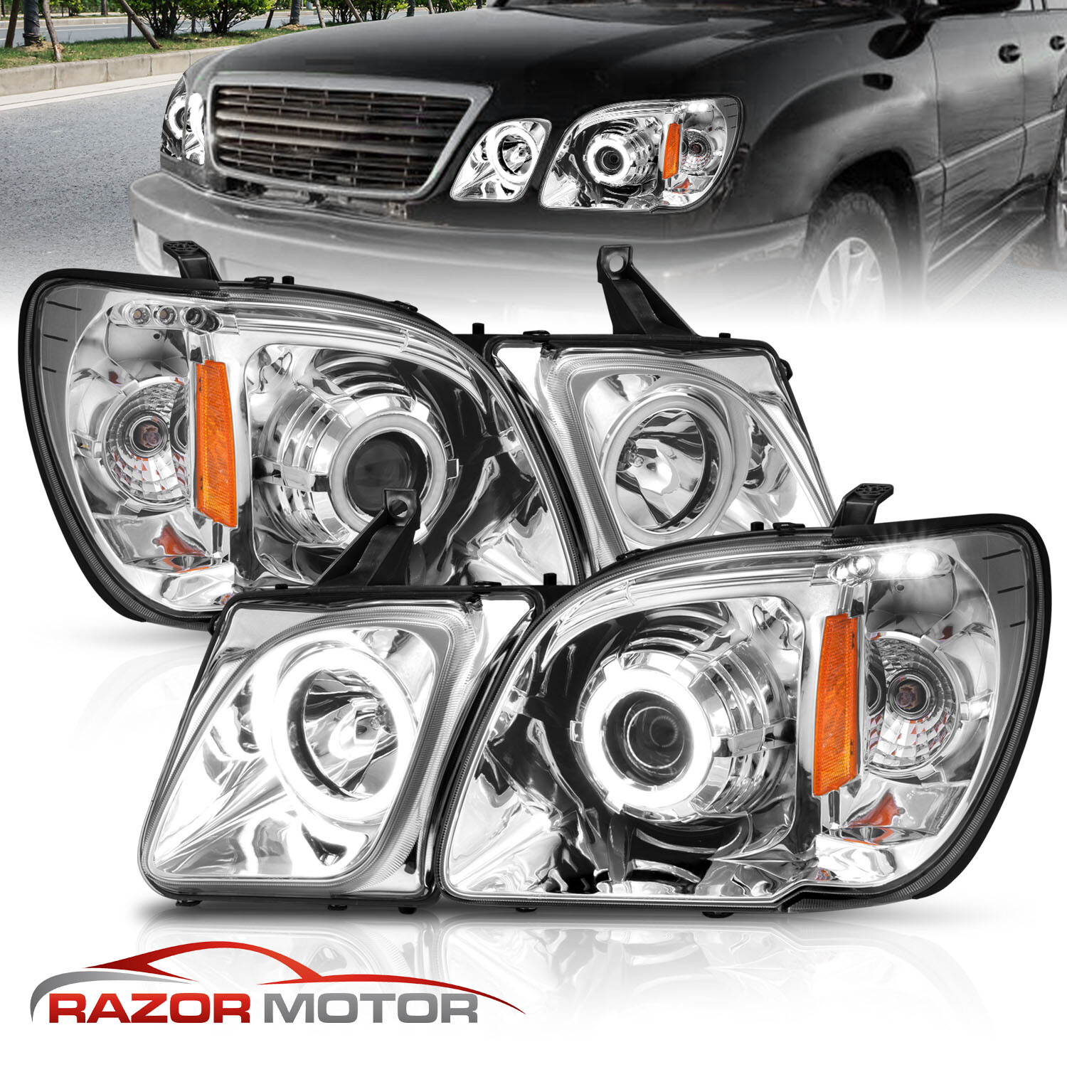 [Dual LED Halo]For 1998-2007 Lexus LX470 Angel Eye Projector Chrome Headlights