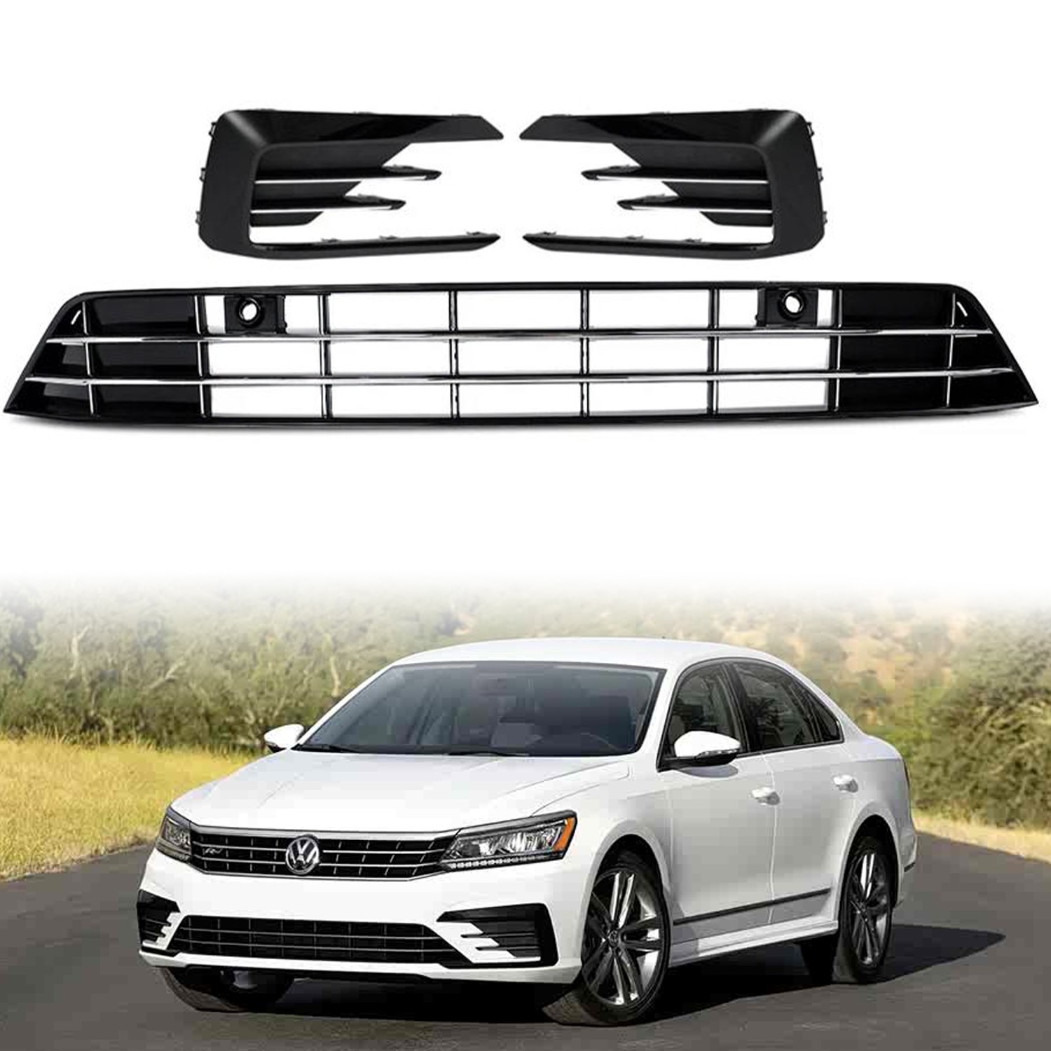 Fit VW Passat R-Line 2016-2019 Front Lower Grille Fog Light Cover W/ Sensor Hole
