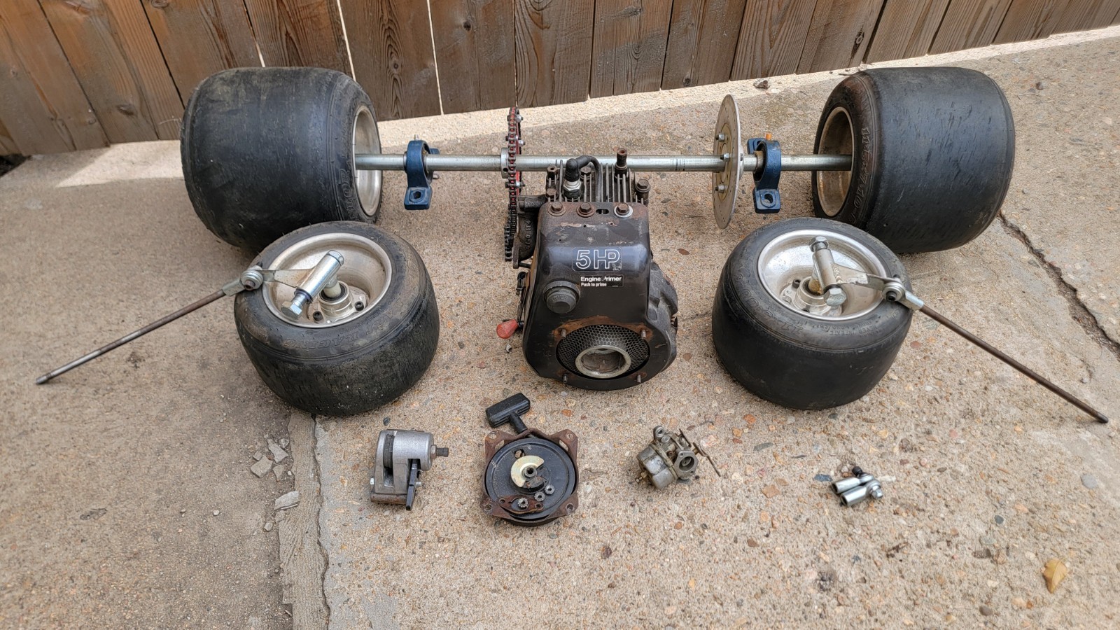 Vintage Go Kart Parts Lot 5HP Engine Live Axle Wheels Spindles Sprocket Brake