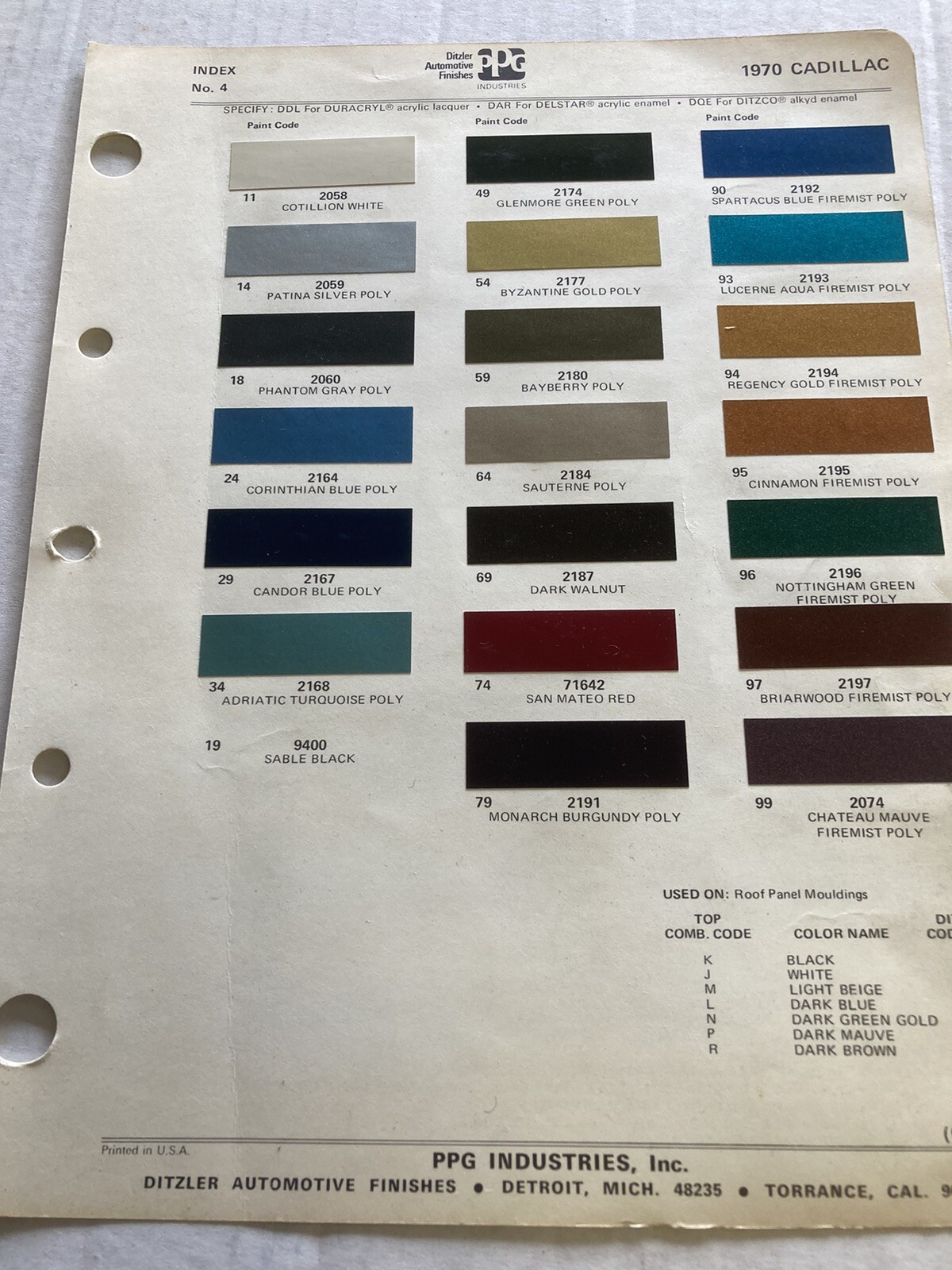 1970 CADILLAC AUTOMOTIVE P.P.G., DITZLER Exterior Paint Color Chip ORIGINAL 1970 CADILLAC AUTOMOTIVE P.P.G., DITZLER Exterior Paint Color Chip ORIGINAL