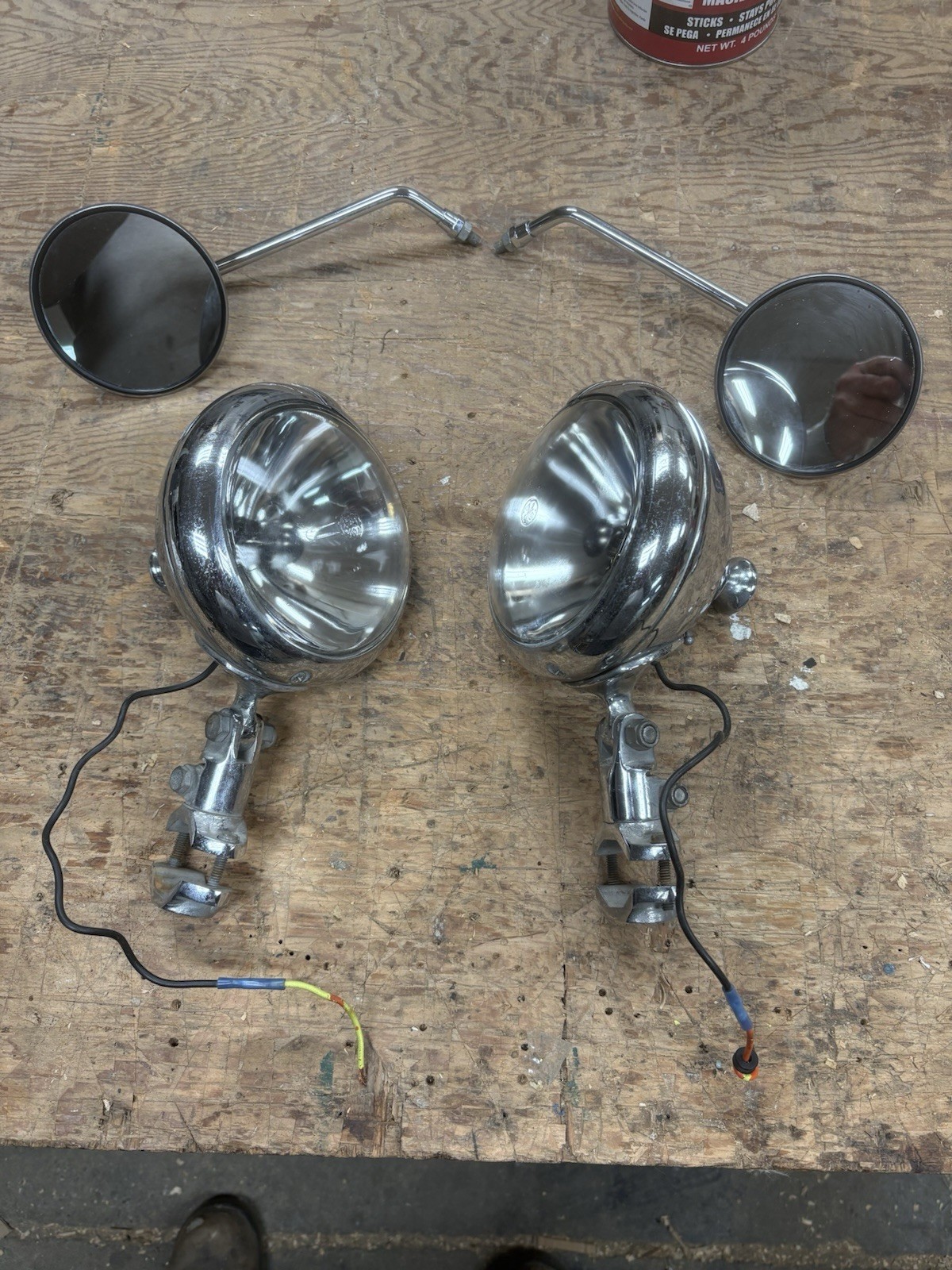 Pair Of Vintage Unity Mfg. S6 Headlamps Plus R+L Pair Ken Sean 4-1/2” mirrors