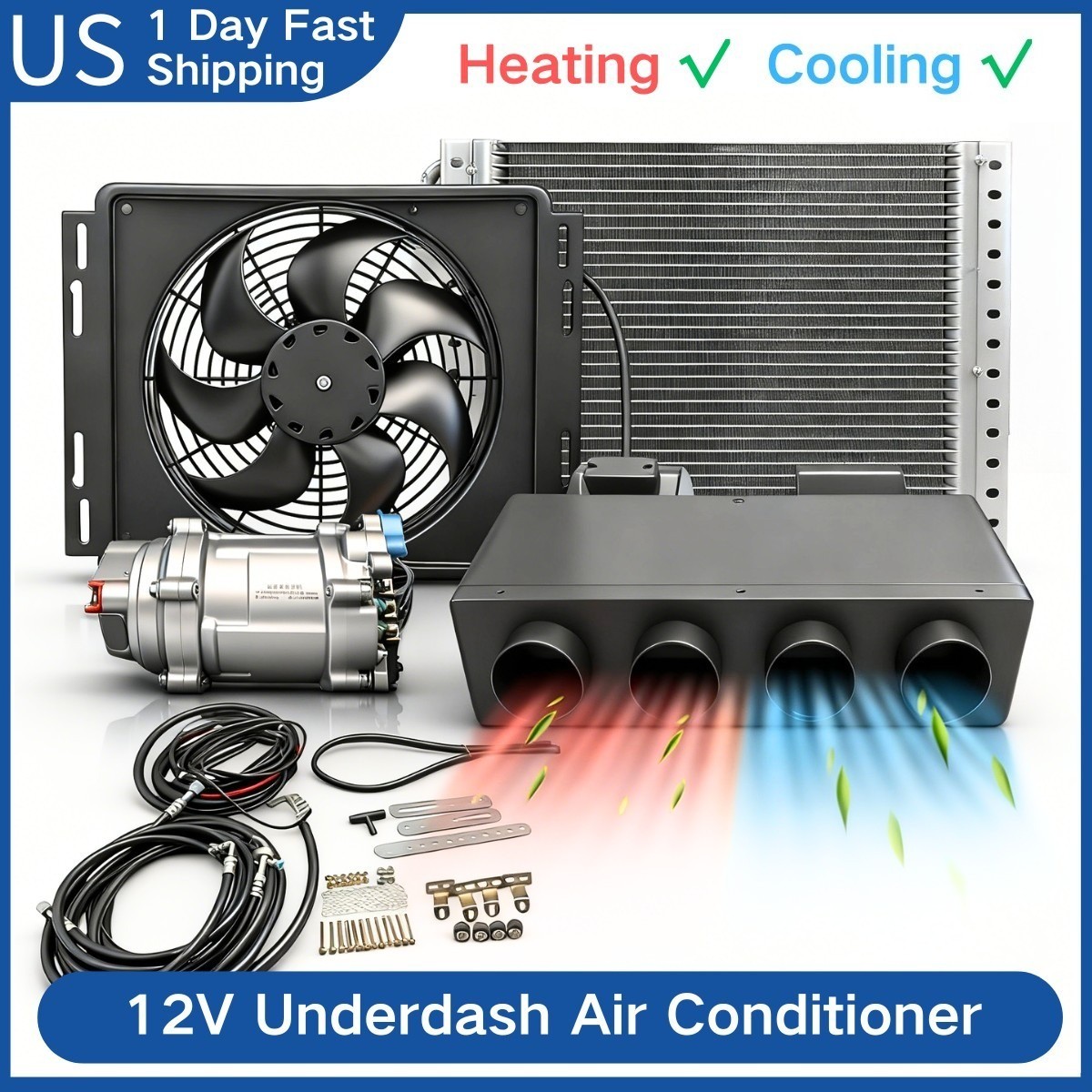 12V Electric Cool & Heat Universal Underdash Air Conditioner DC Auto Car A/C 63A