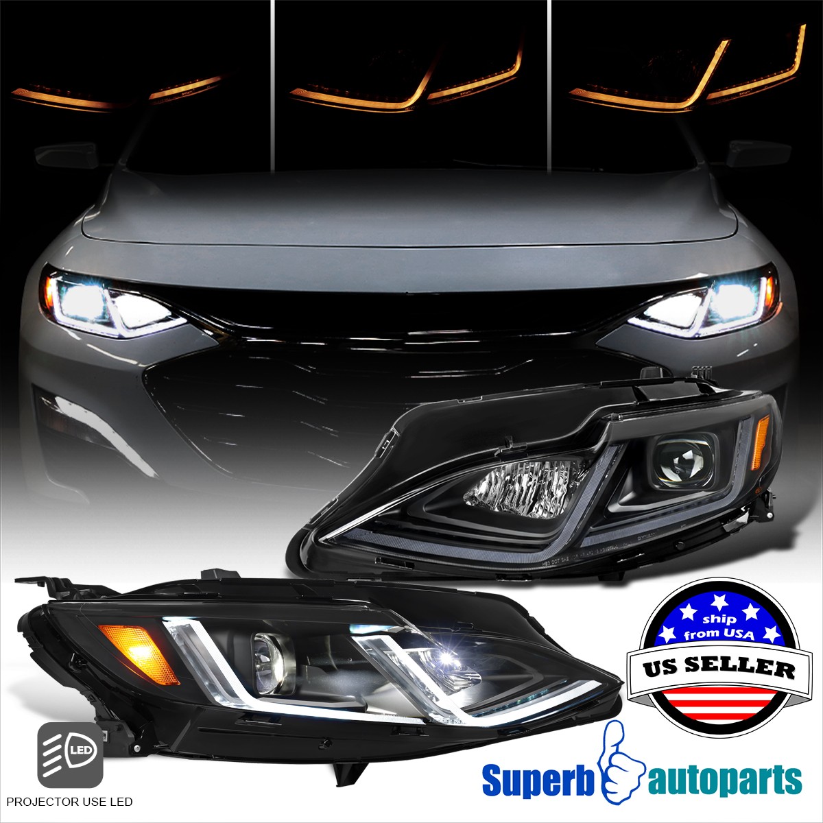 For 2019-2024 Chevy Malibu Black Projector LED  Headlights Switchback+Sequential