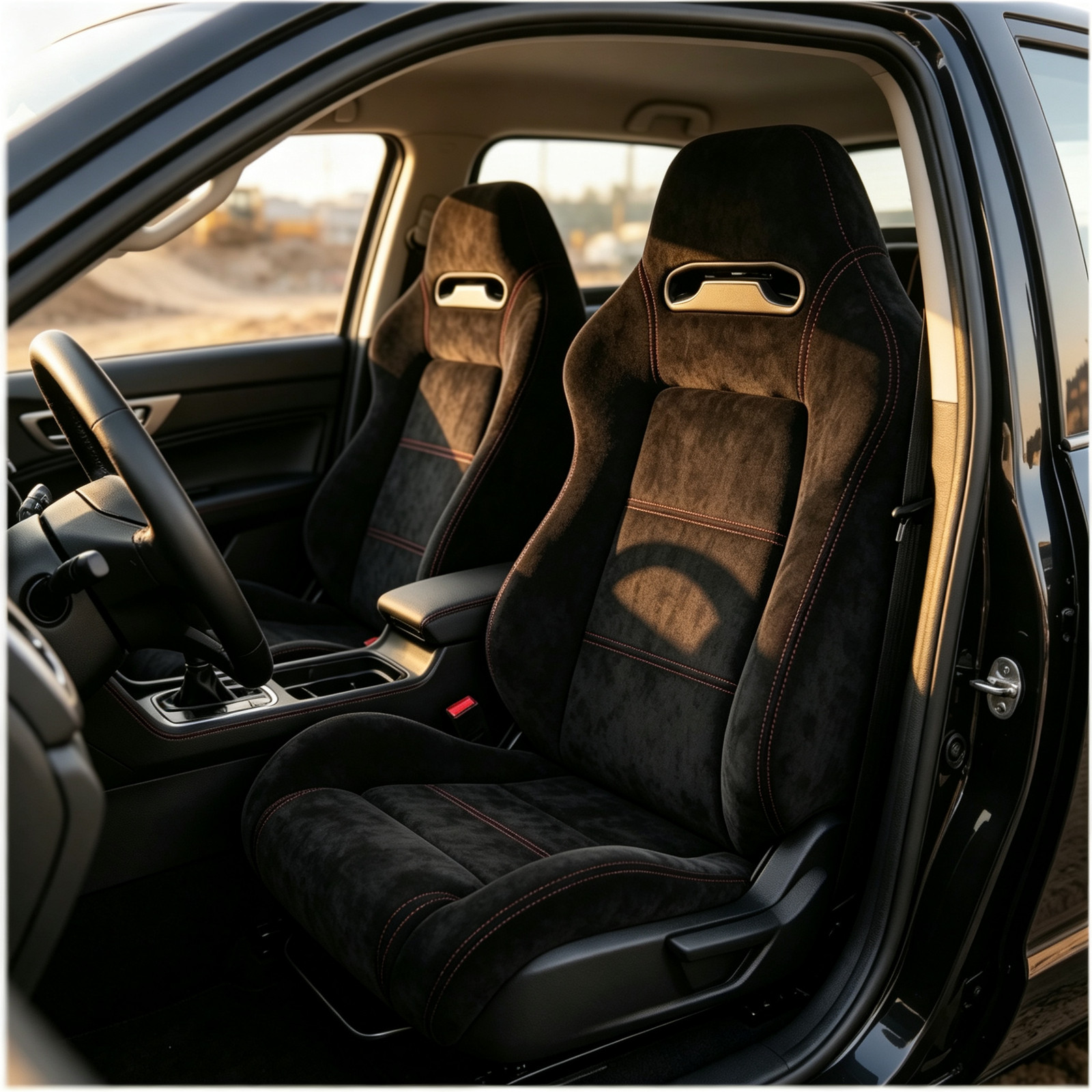 New Pair Universal Bucket Racing Seats Red Stitch Black Suede Fabric Reclinable