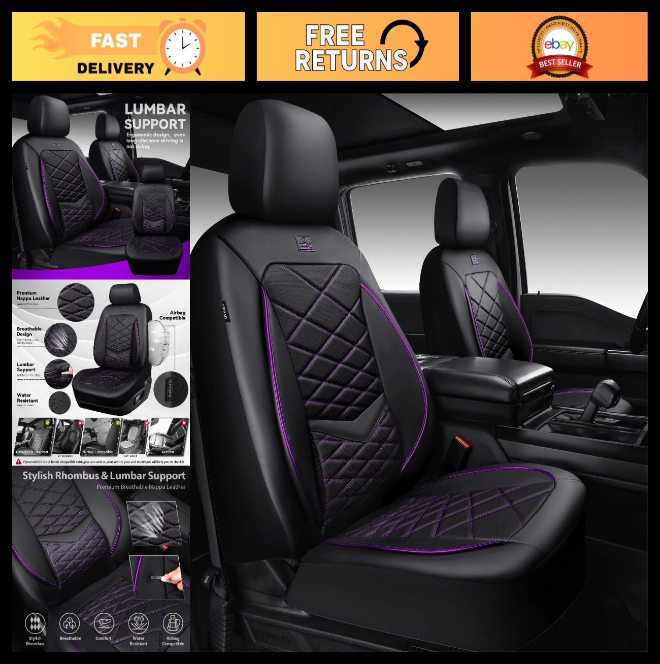Luxury Nappa Leather Front Seat Covers - Water Resistant, 3D Foam, Lumbar Suppor