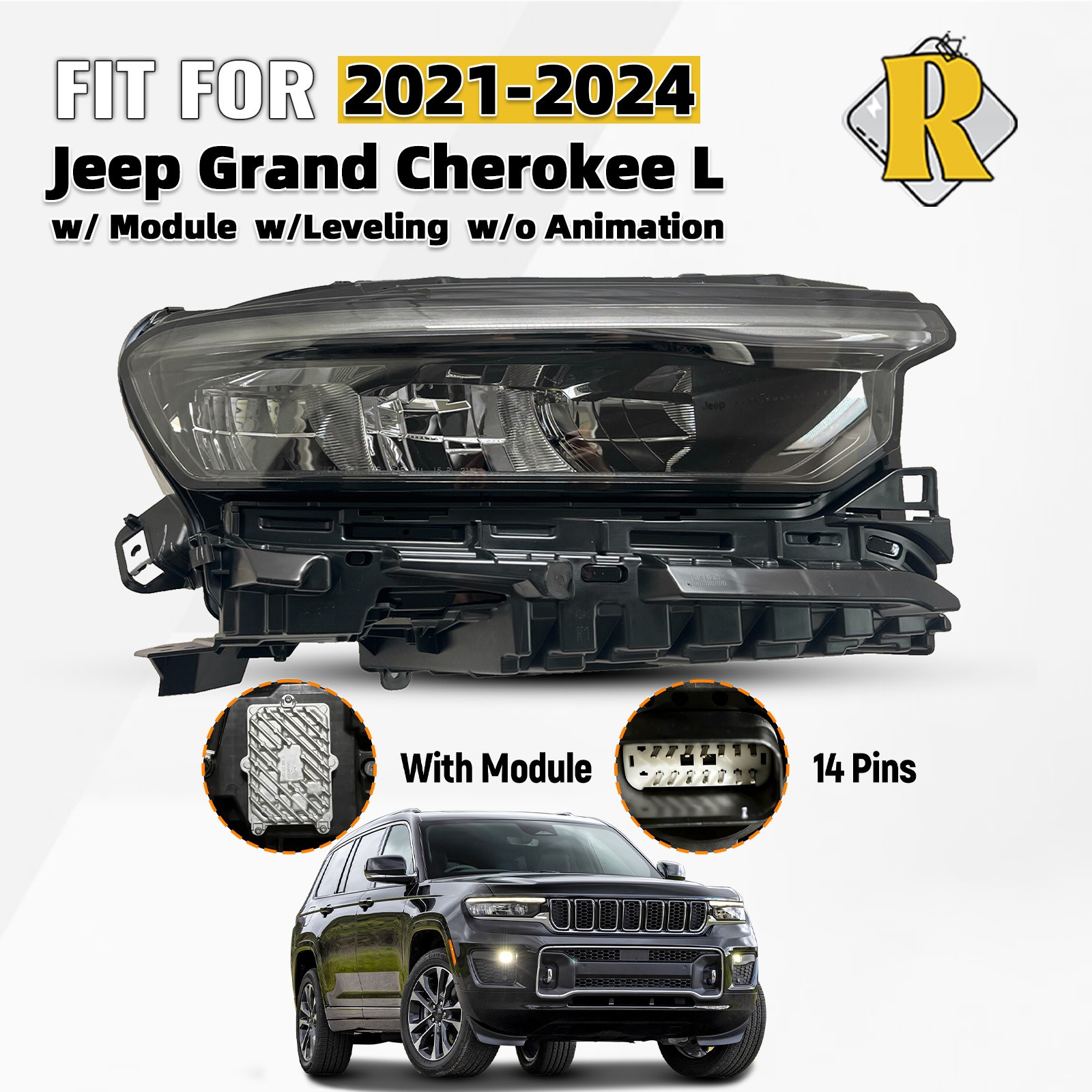For 2021-2024 Jeep Grand Cherokee L LED Headlight w/ Leveling w/ DRL Right Side