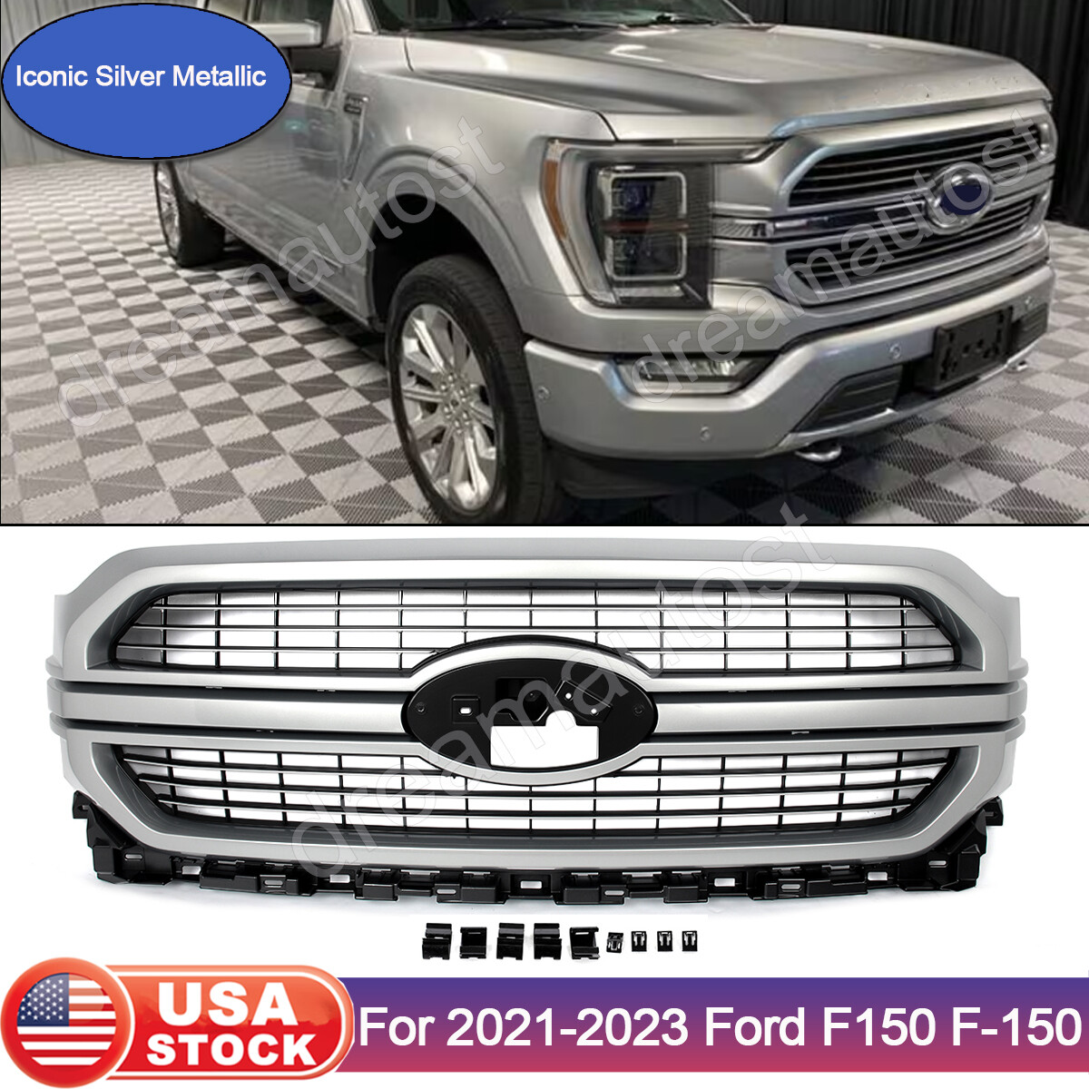 Iconic Silver Front Bumper Upper Grille For 2021 22 2023 Ford F-150 F150 Limited