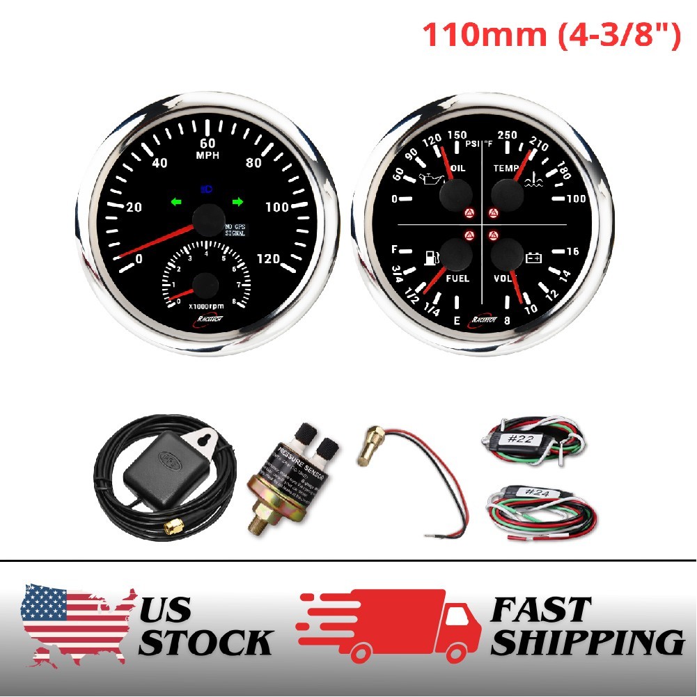 RACETECH 110mm 2 Gauge Set 2in1  GPS Speedometer 120 MPH 4in1 Multi Function