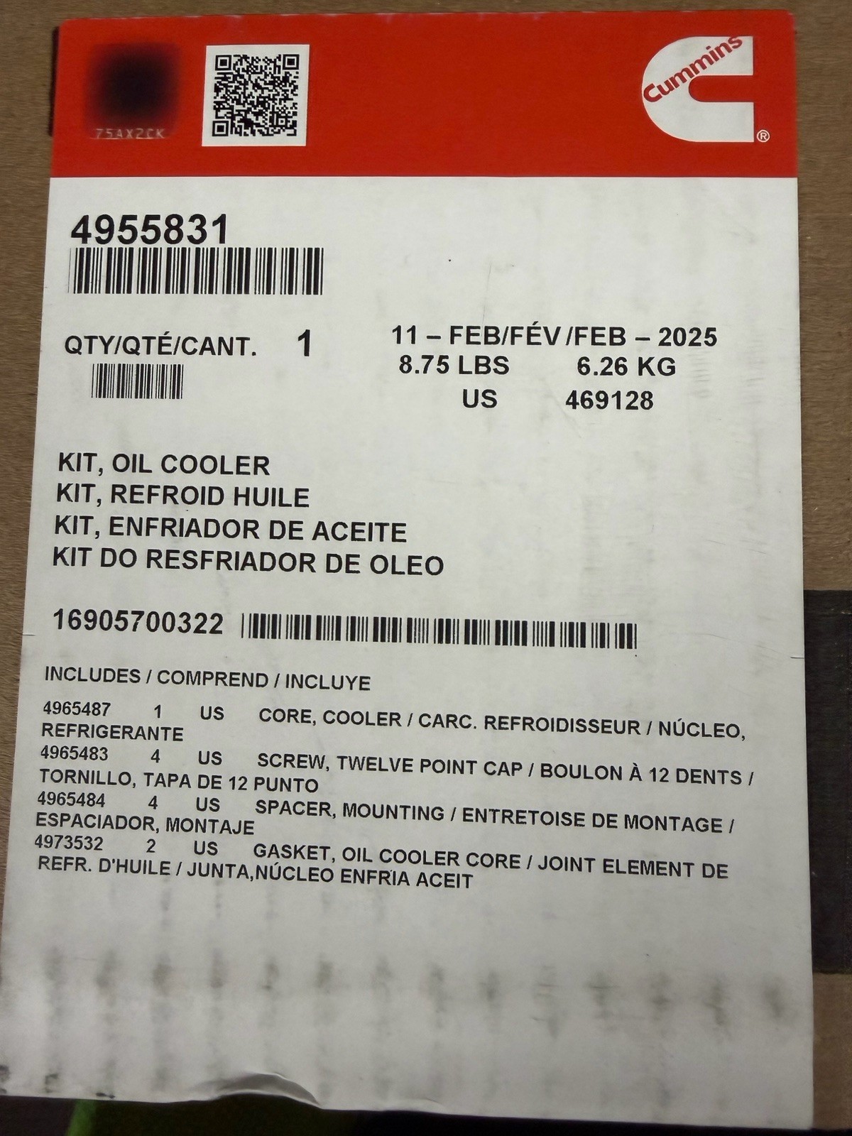 BRAND NEW GENUINE CUMMINS ENGINE OIL COOLER KIT P/N 4955831