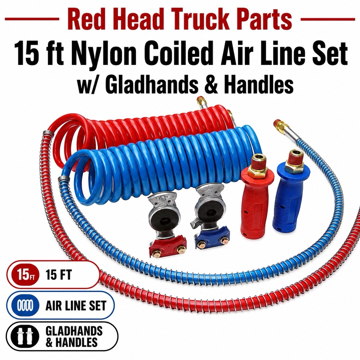 Red Head Truck Parts 15 ft Nylon Coiled Air Line Set w/Gladhands & Handles