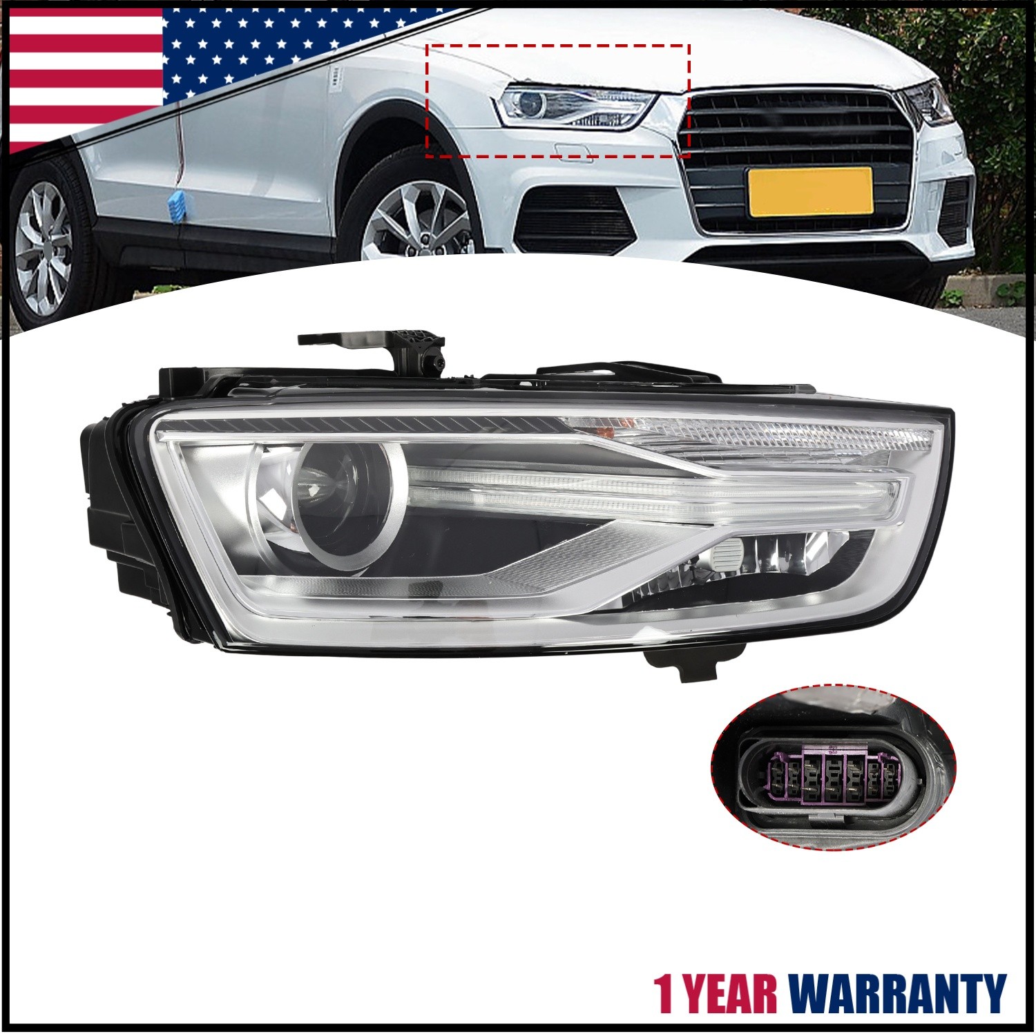 HID/Xenon Headlight Assy For 2016-2018 Audi Q3 W/ Bulb & Ballast Right Passenger