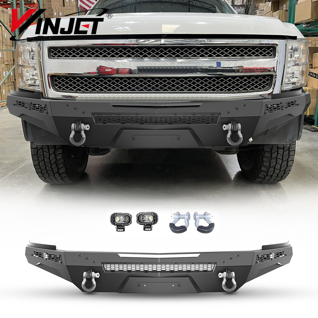 Black Steel Front Bumper For 2007-2013 Chevy Silverado 1500 w/LED Lights+Shackle