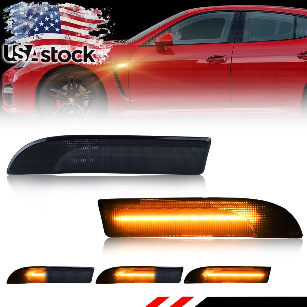 Smoked Dynamic Amber LED Front Side Marker Lights For 09-16 Porsche Panamera 970