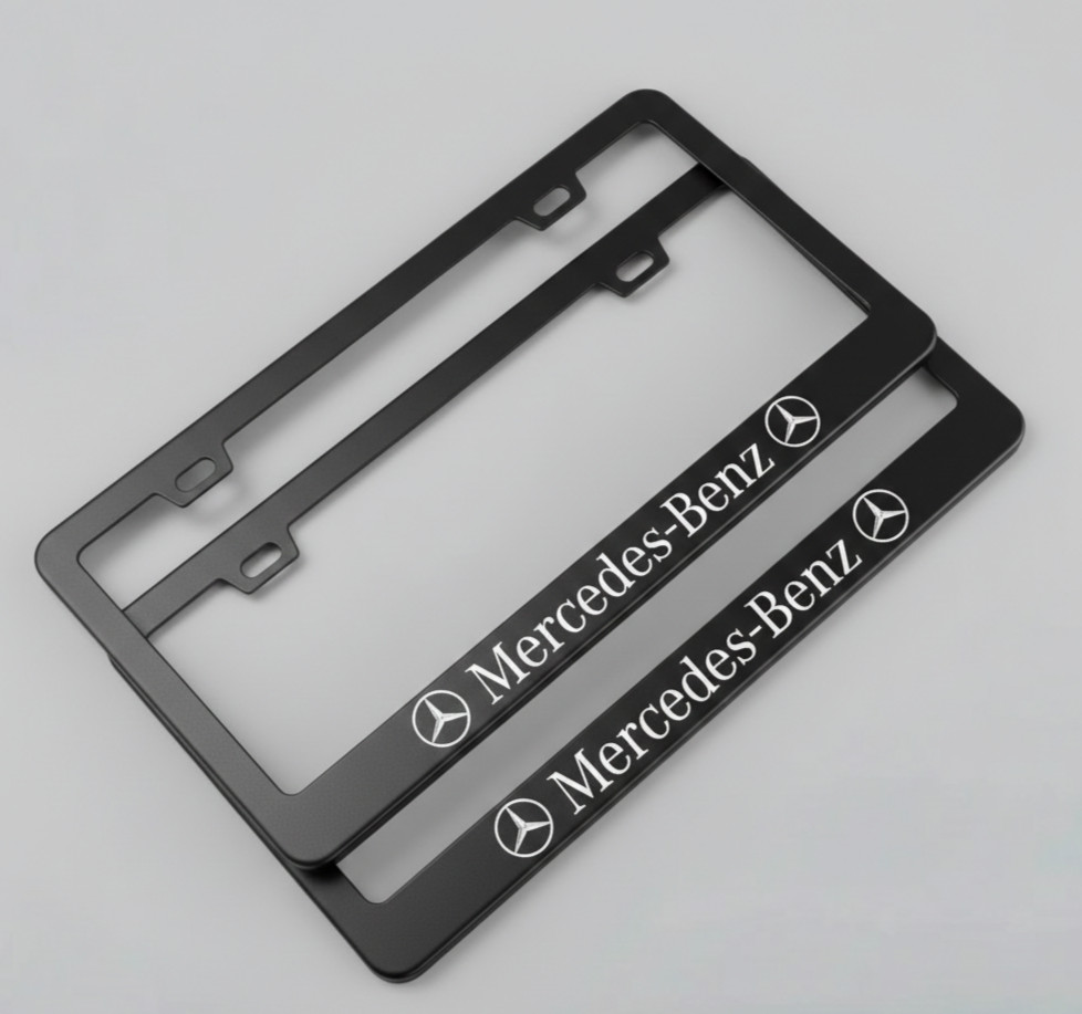 2pc New Mercedes-Benz Black METAL Logo License Plate Frame Free Caps and Screws