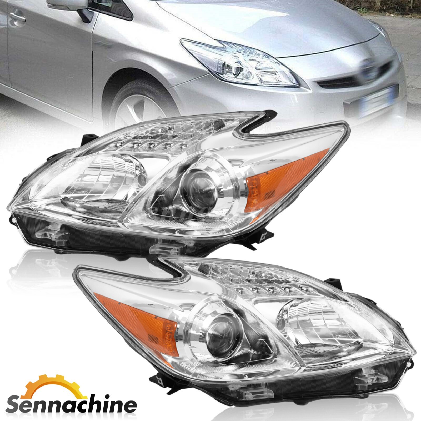 2Pcs Pair Projector Headlights For 2010-2011 Toyota Prius Base 1.8L Chrome Amber