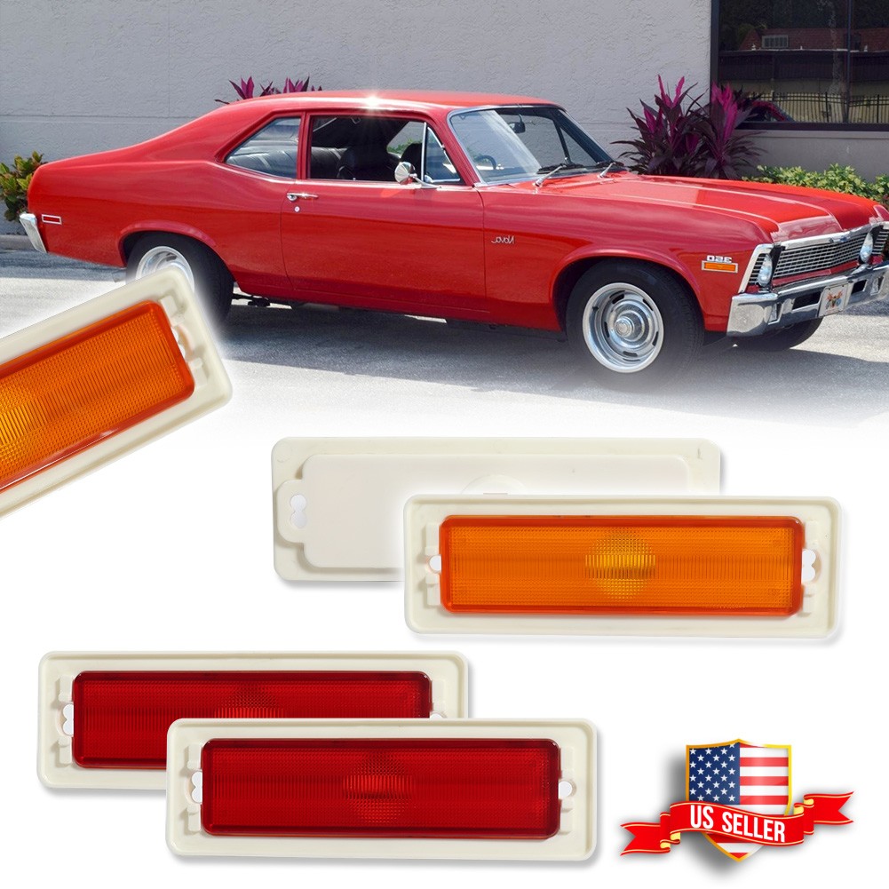 For 1970-1974 Chevy Nova Amber Front & Red Rear Bumper Side Marker Lights 4PCS