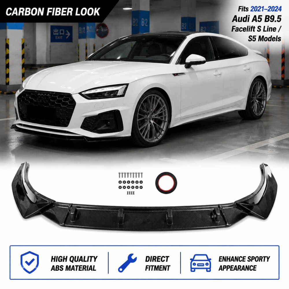 Front Bumper Spoiler Splitter Lip For Audi A5 S5 B9.5 2021-2024 Carbon Black