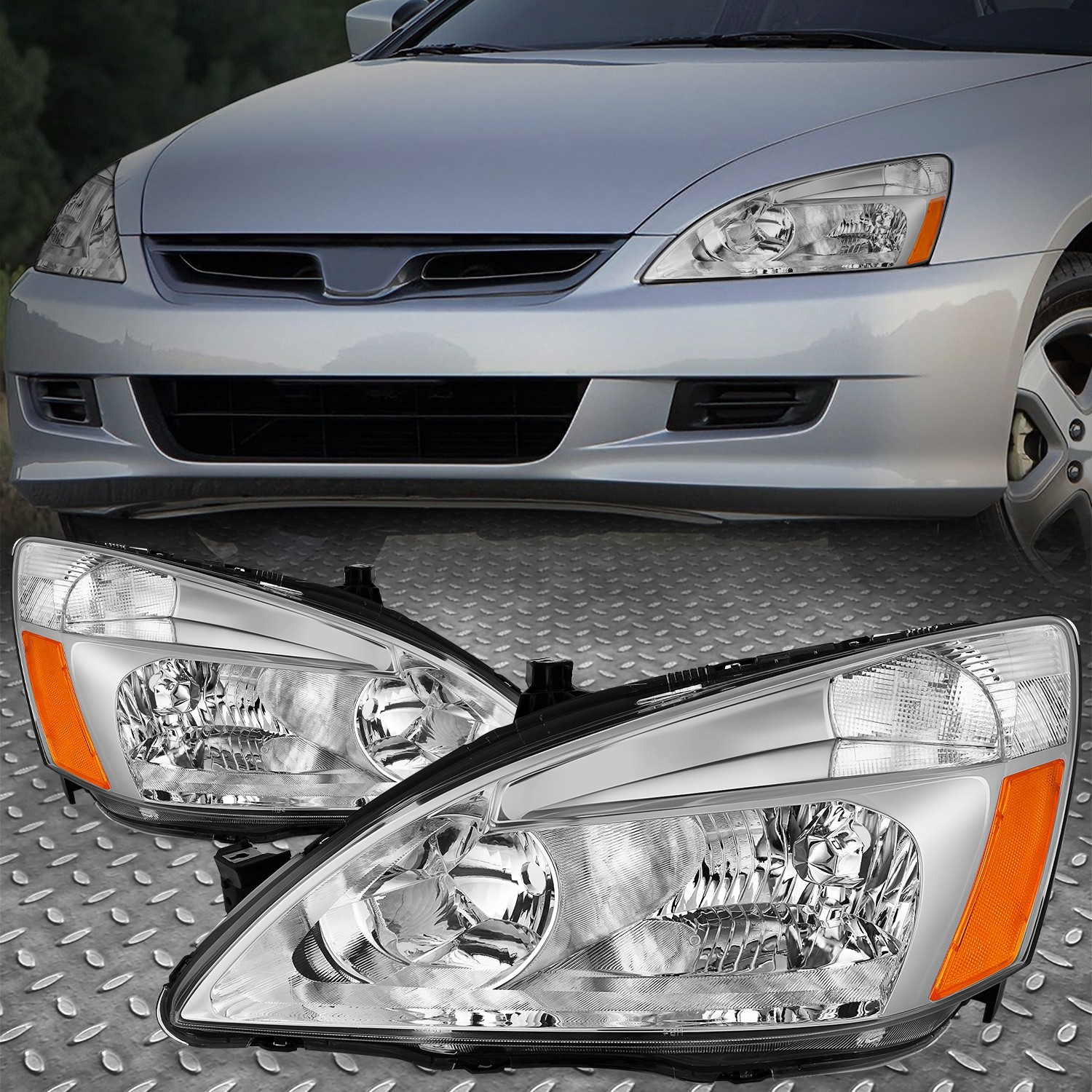 For 03-07 Honda Accord Sedan/Coupe OE Style Chrome/Amber Headlight Assembly Pair