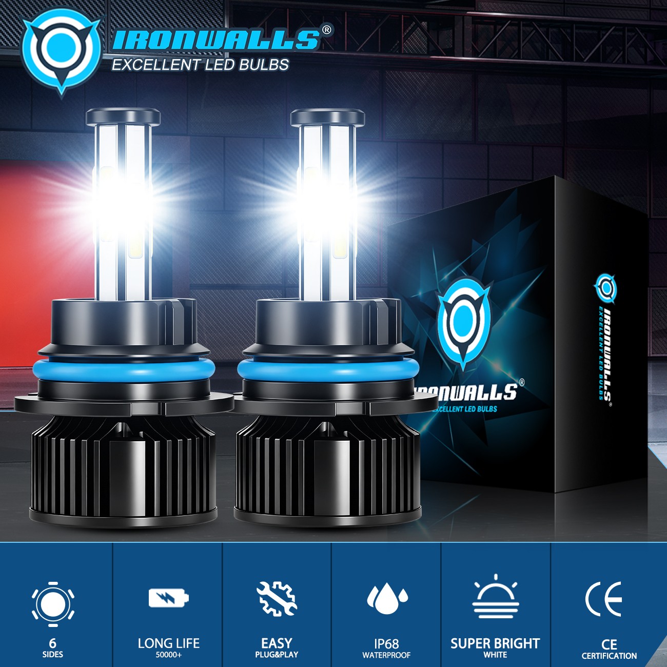 6-sides 9007 HB5 LED Headlight Bulbs High Low Beam 6000K Super Bright 3000000LM