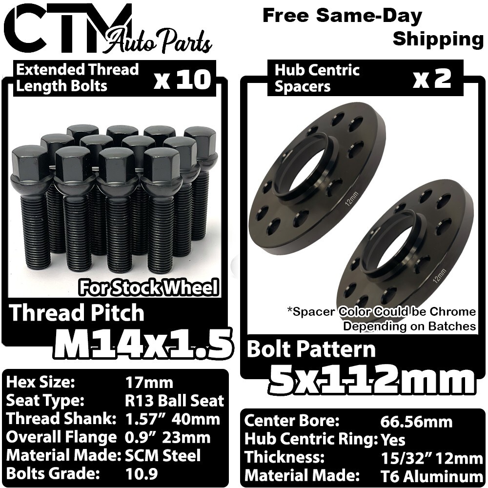 2x 12mm Thick 5x112 66.56mm CB Wheel Spacer Black Bolt Fit Mercedes Stock Wheels