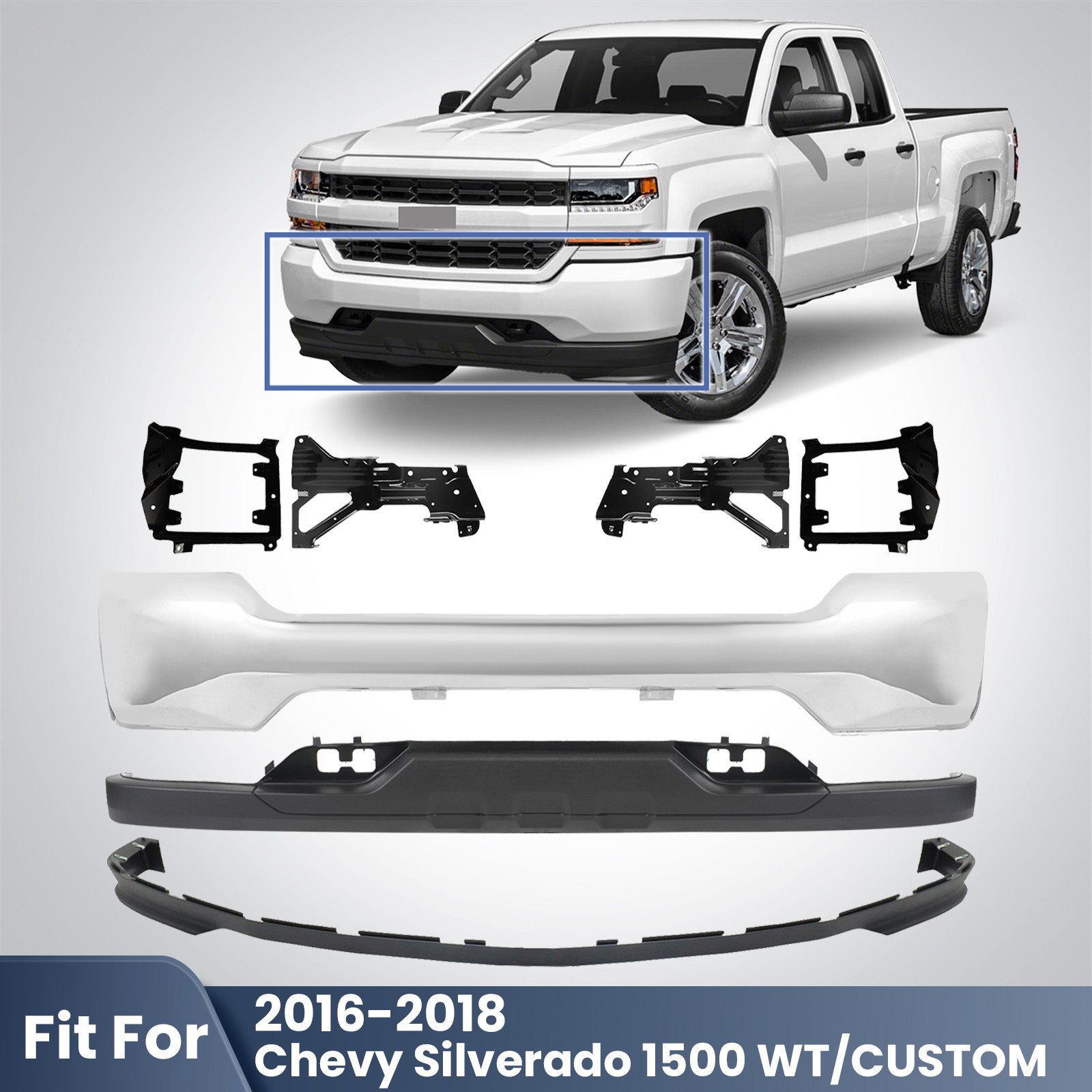 For 2016-2018 Chevy Silverado 1500 WT/ Custom Front Bumper Cover Kit W/O Sensor For 2016-2018 Chevy Silverado 1500 WT/ Custom Front Bumper Cover Kit W/O Sensor