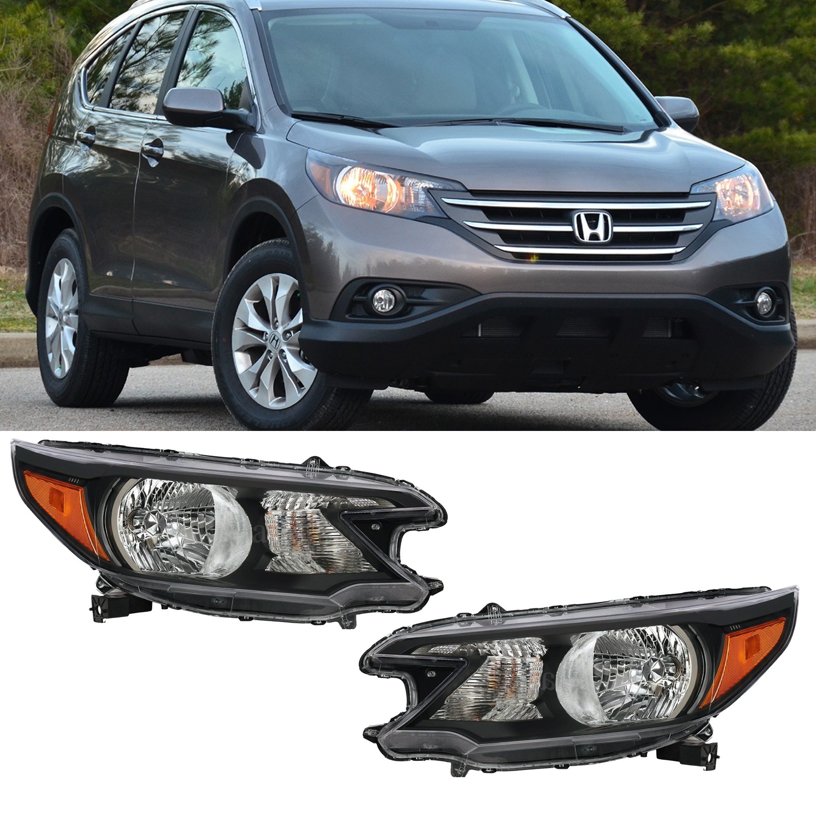 NEW Pair of Black Halogen Headlights Assembly For 2012-2014 Honda CR-V CRV