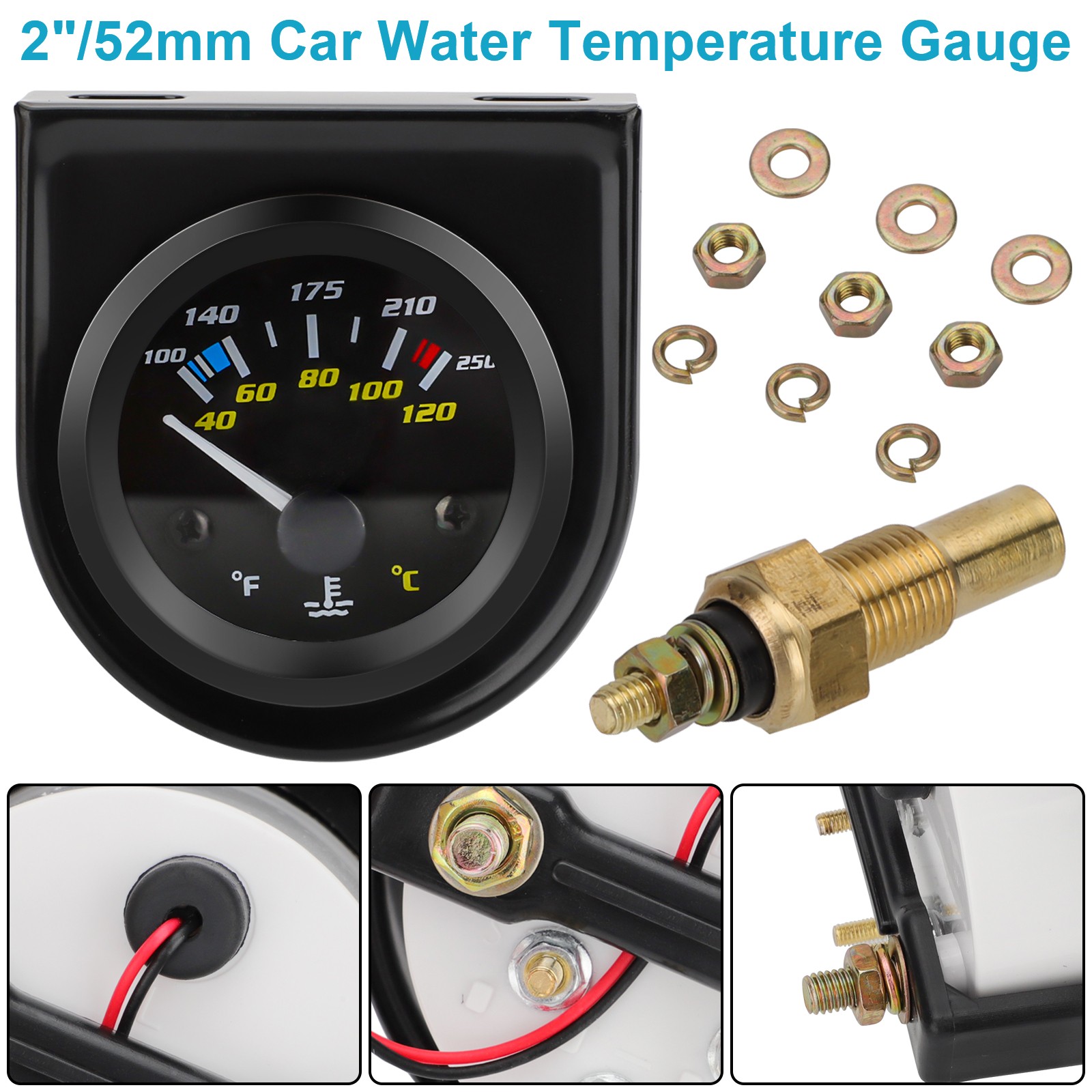 2 inch 52mm Water Temperature Gauge 12V Car Auto Temp Meter 100-250°F w/ Sensor