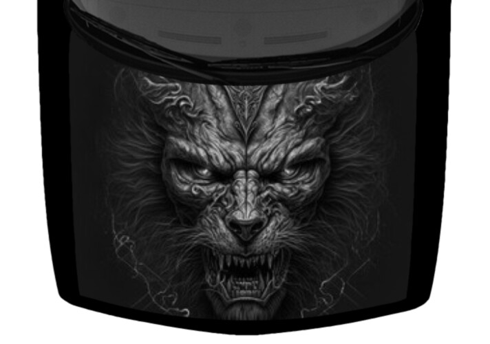 Grey Fierce Fiery Teeth Demon Lion Face Hood Wrap Vinyl Decal Graphic Car Truck