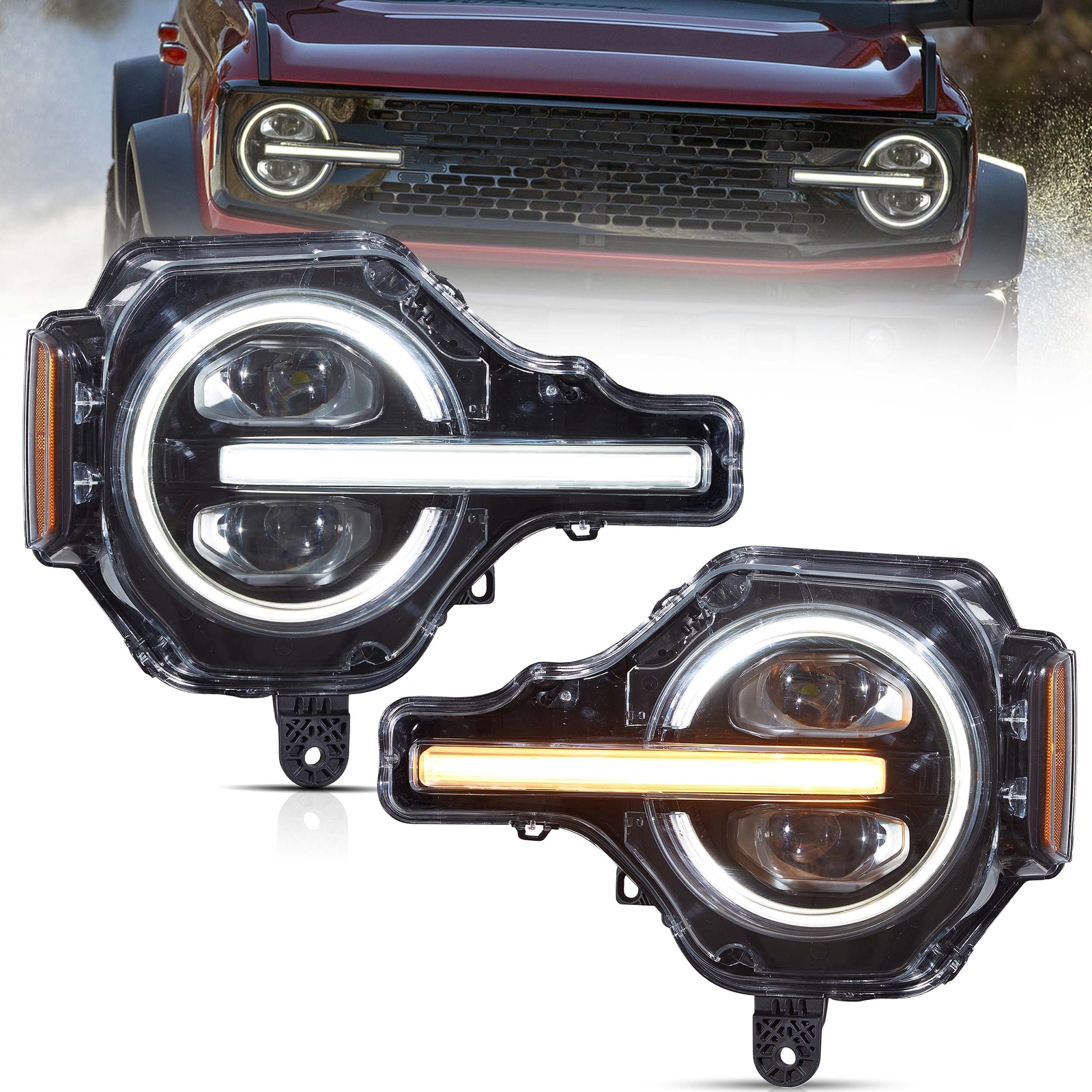 VLAND 2x LED Projector Headlights For 2021-2024 Ford Bronco DRL Color Changed