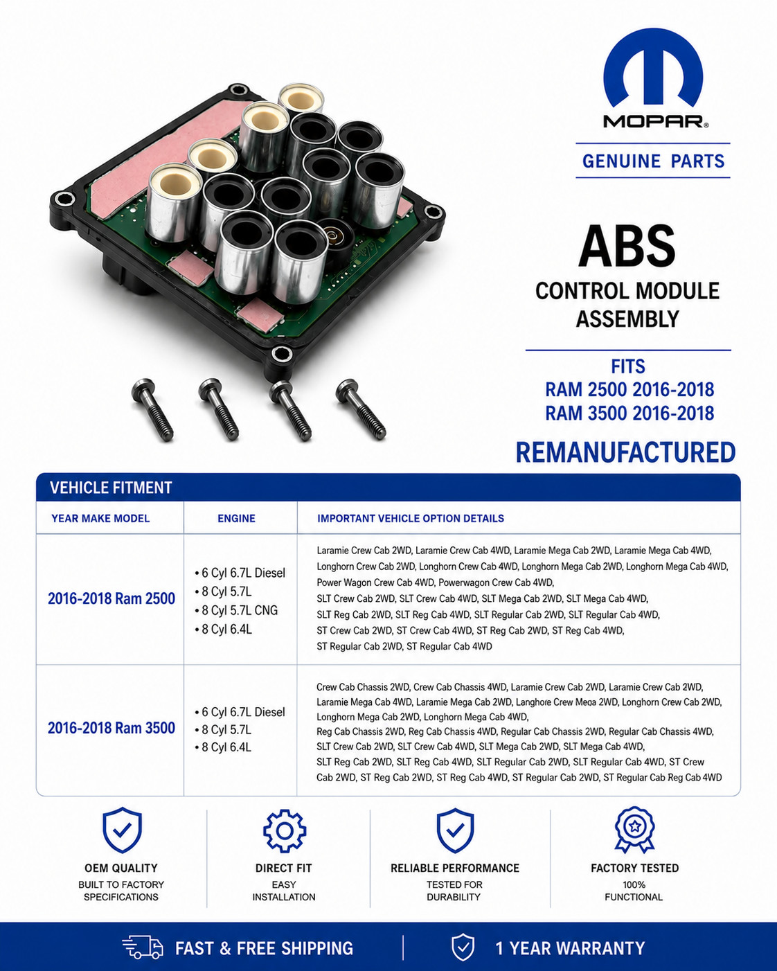 68347098AC Genuine Mopar RAM 2500 2017-2018 Abs Anti Lock Module Original 68347098AC Genuine Mopar RAM 2500 2017-2018 Abs Anti Lock Module Original