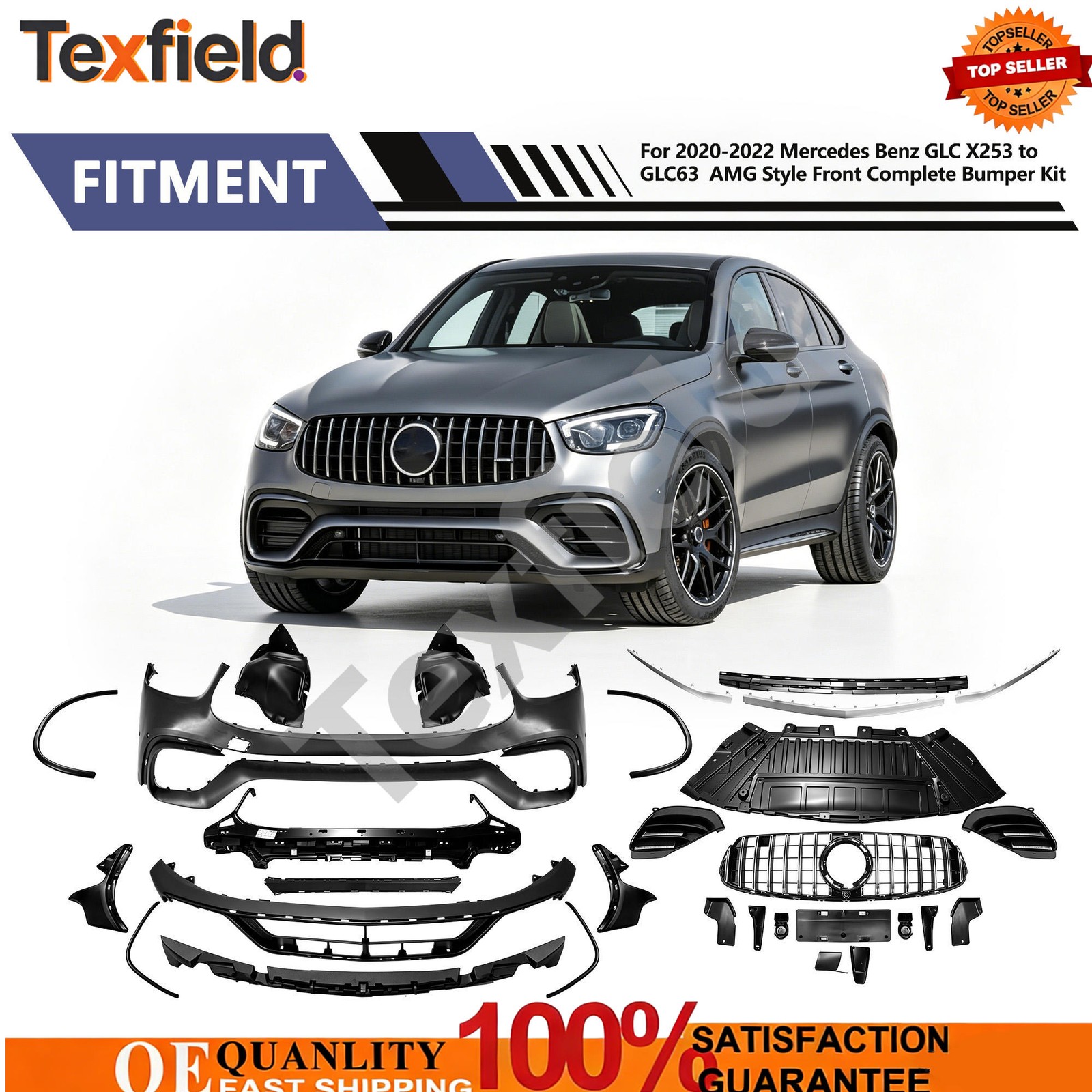 For 2020-2022 Mercedes Benz GLC X253 to GLC63 Front Bumper Kit+Chrome Grille