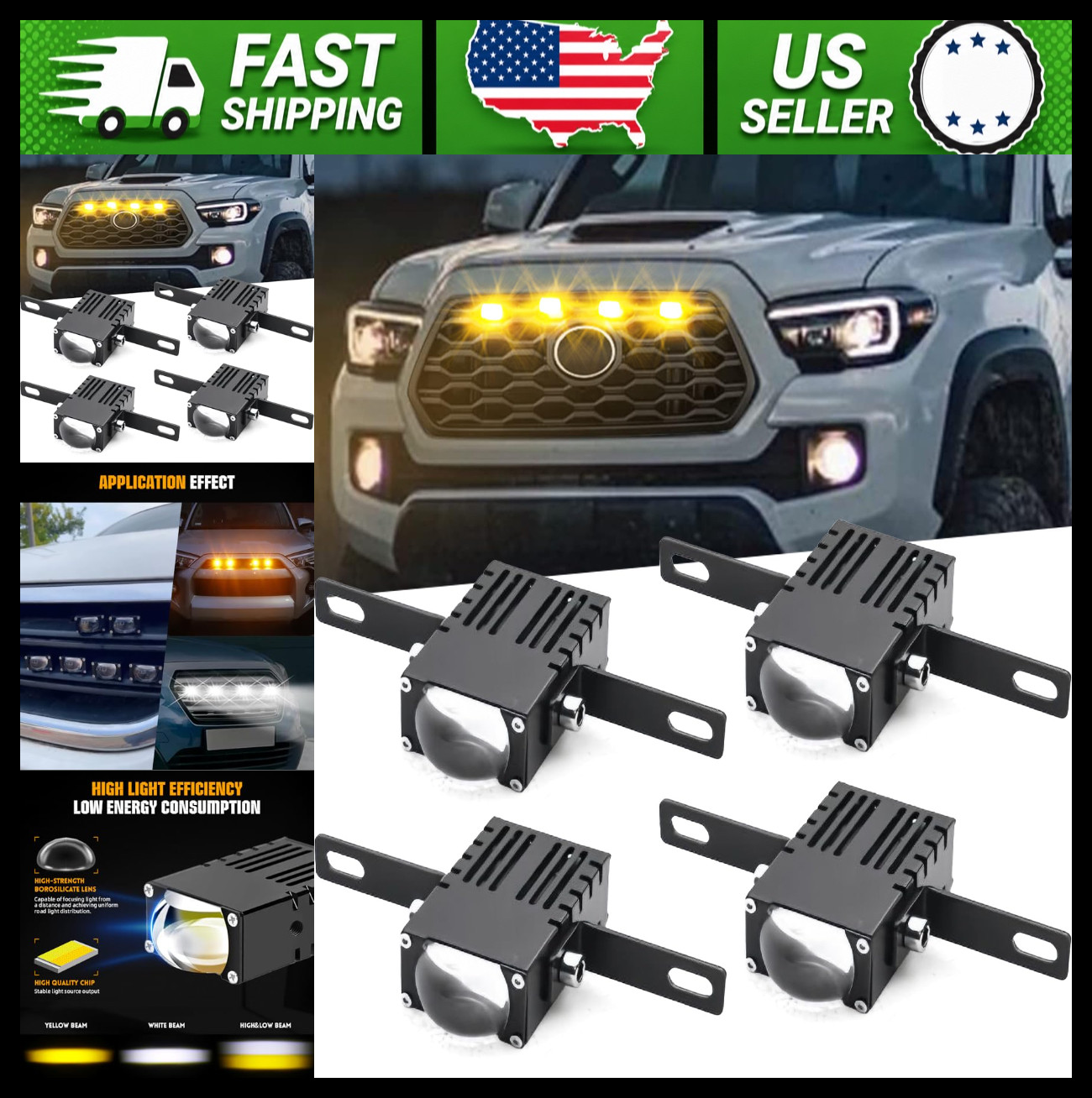 4pc Universal LED Grill Lights, White/Yellow Clip-On Work Lights for Trucks