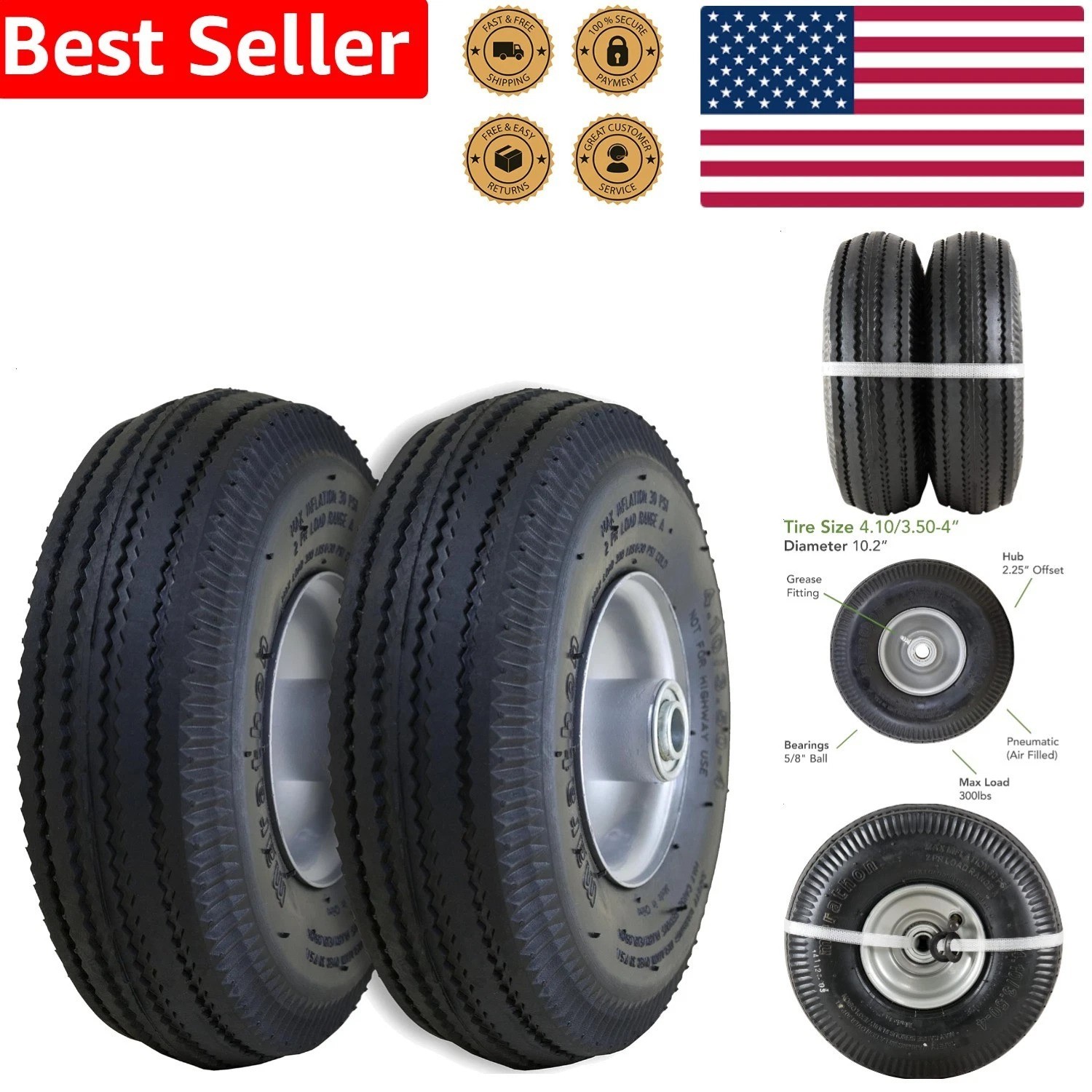 Pneumatic Hand Truck Tire Assembly 4.10/3.50-4 2.25 Offset Hub 5/8 Bearing