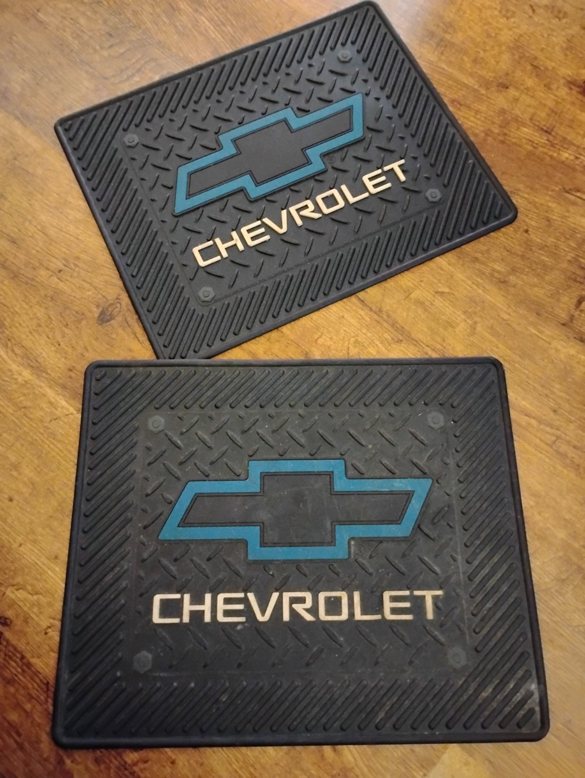 2 Vintage Chevrolet Rubber Floor Mat - Blue Bowtie - 16.5” X 13.5” USED Rear Set 2 Vintage Chevrolet Rubber Floor Mat - Blue Bowtie - 16.5” X 13.5” USED Rear Set