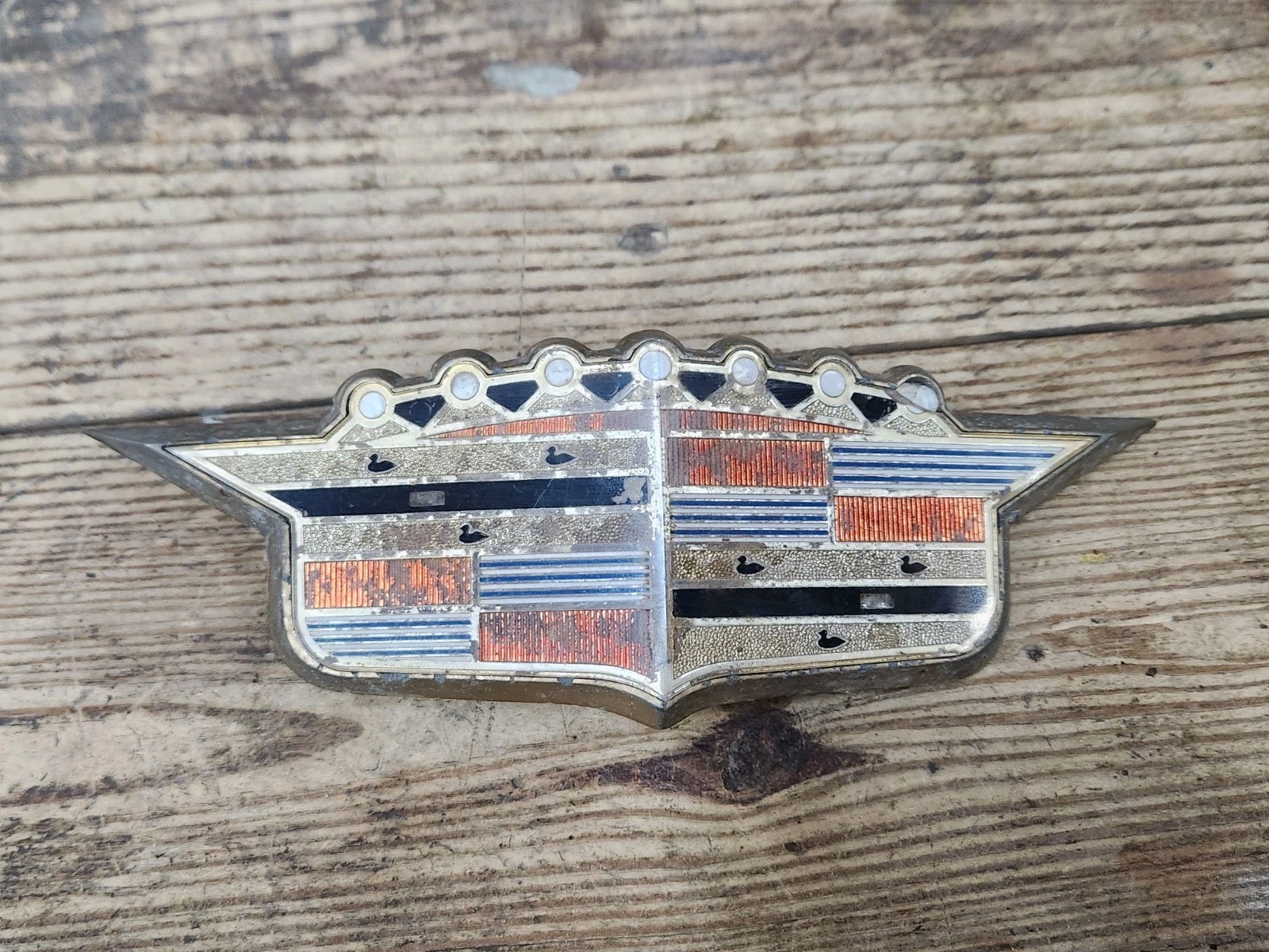 1956 Cadillac Front Hood Crest Crown Emblem Ornament Shield Bezel w/ Insert OEM 