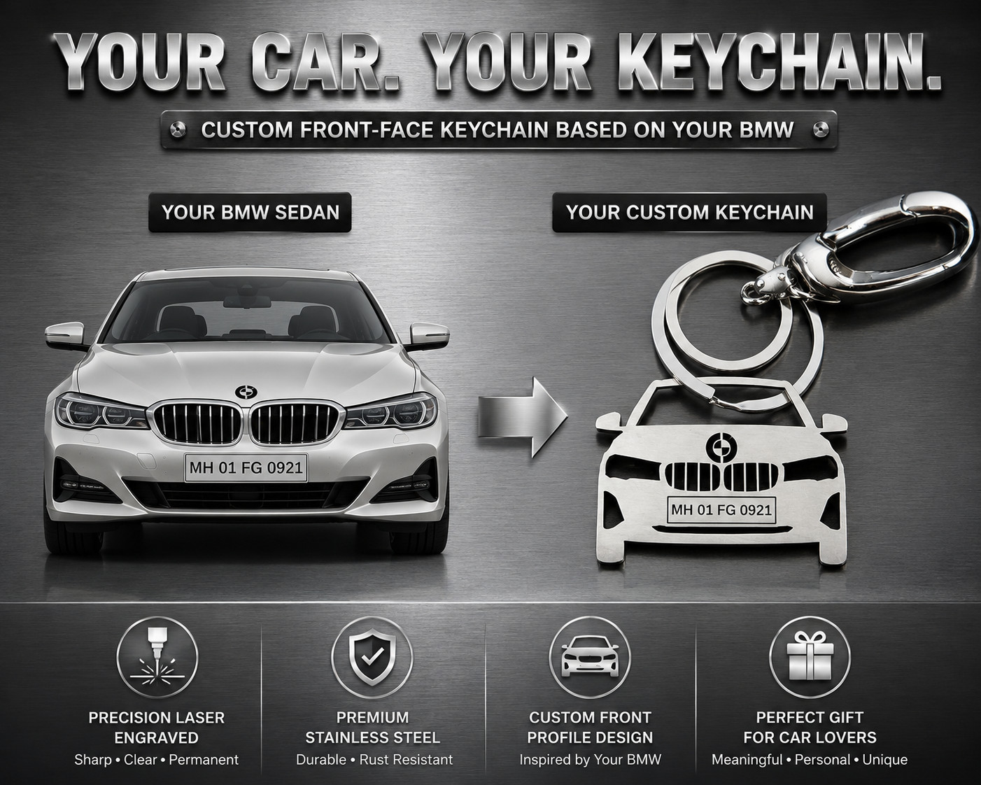 Custom Car Shape Keychain Personalized Stainless Steel Laser Engraved Keyring