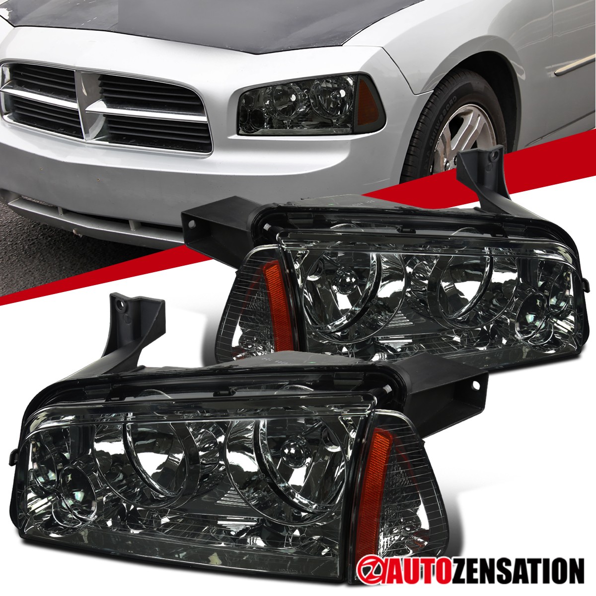 Fit 2006-2010 Dodge Charger Smoke Headlights+Corner Parking Lamps Replacement Fit 2006-2010 Dodge Charger Smoke Headlights+Corner Parking Lamps Replacement