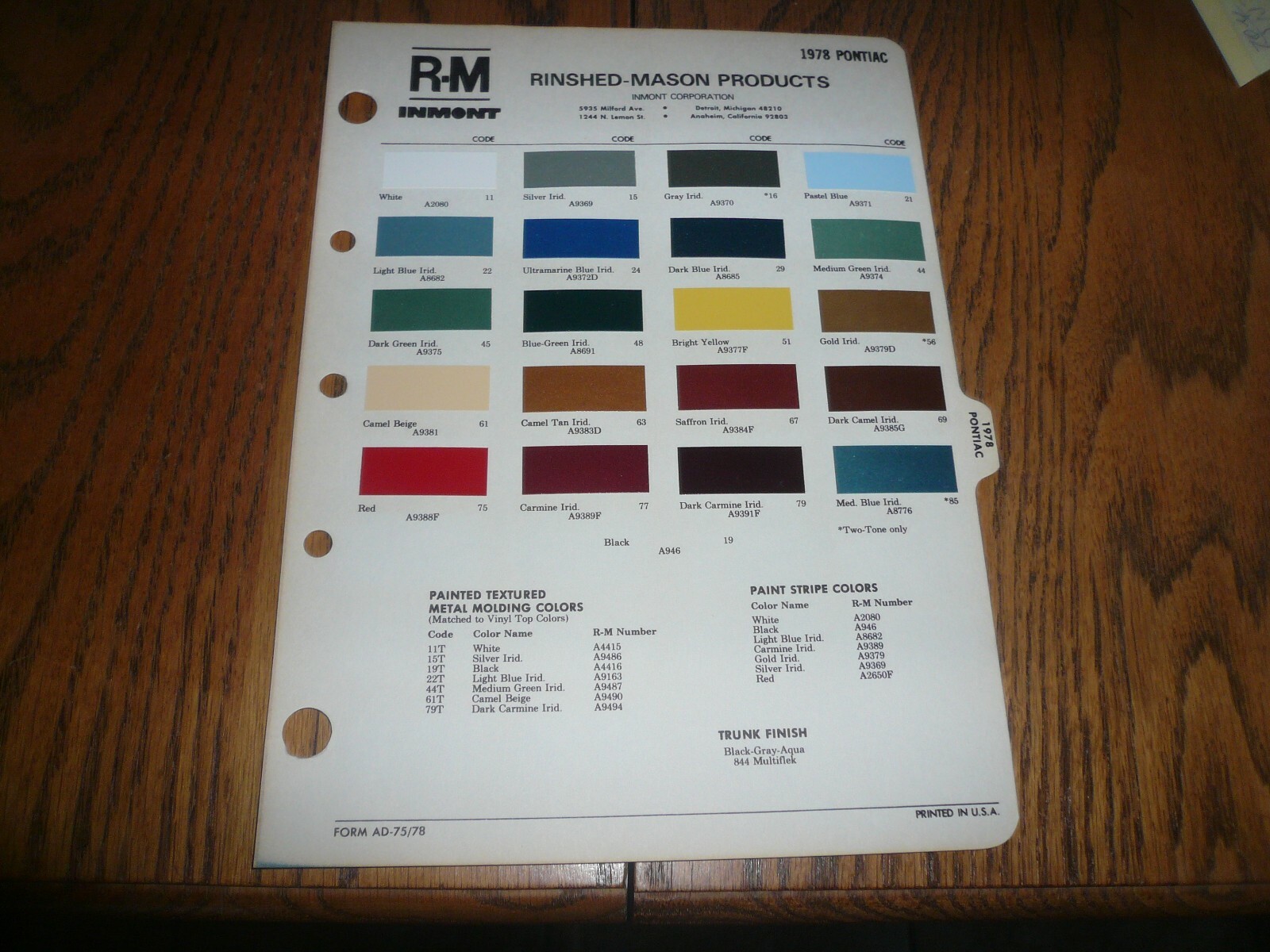 1978 Pontiac R-M Color Chip Paint Sample - Vintage 1978 Pontiac R-M Color Chip Paint Sample - Vintage