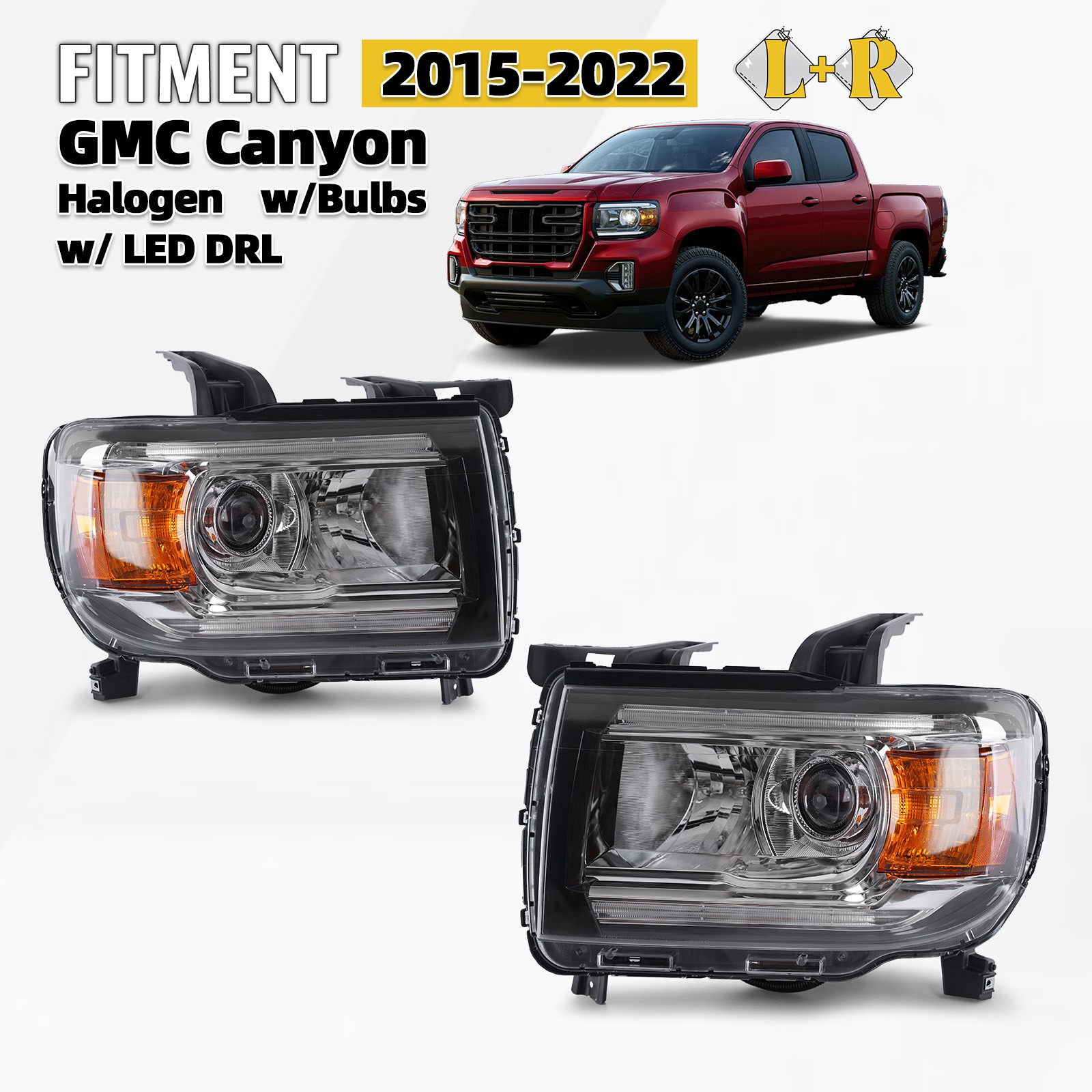 Halogen Headlight For 2015-2022 GMC Canyon W/ LED DRL Projector Left & Right Halogen Headlight For 2015-2022 GMC Canyon W/ LED DRL Projector Left & Right