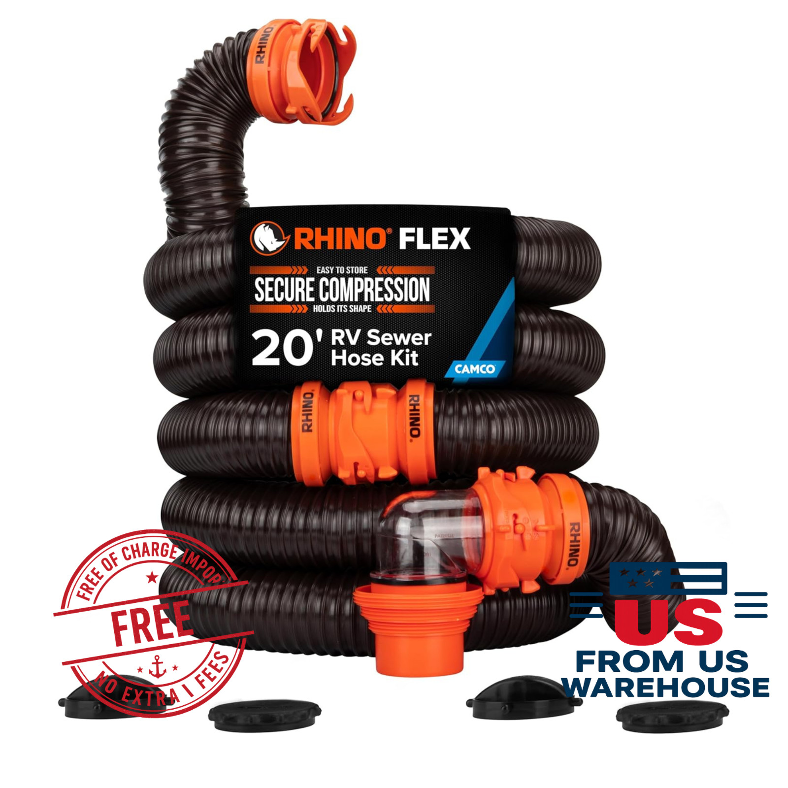 Camco RhinoFLEX 20FT RV Sewer Hose Kit 39744 Heavy Duty w/ 4-in-1 Adapter