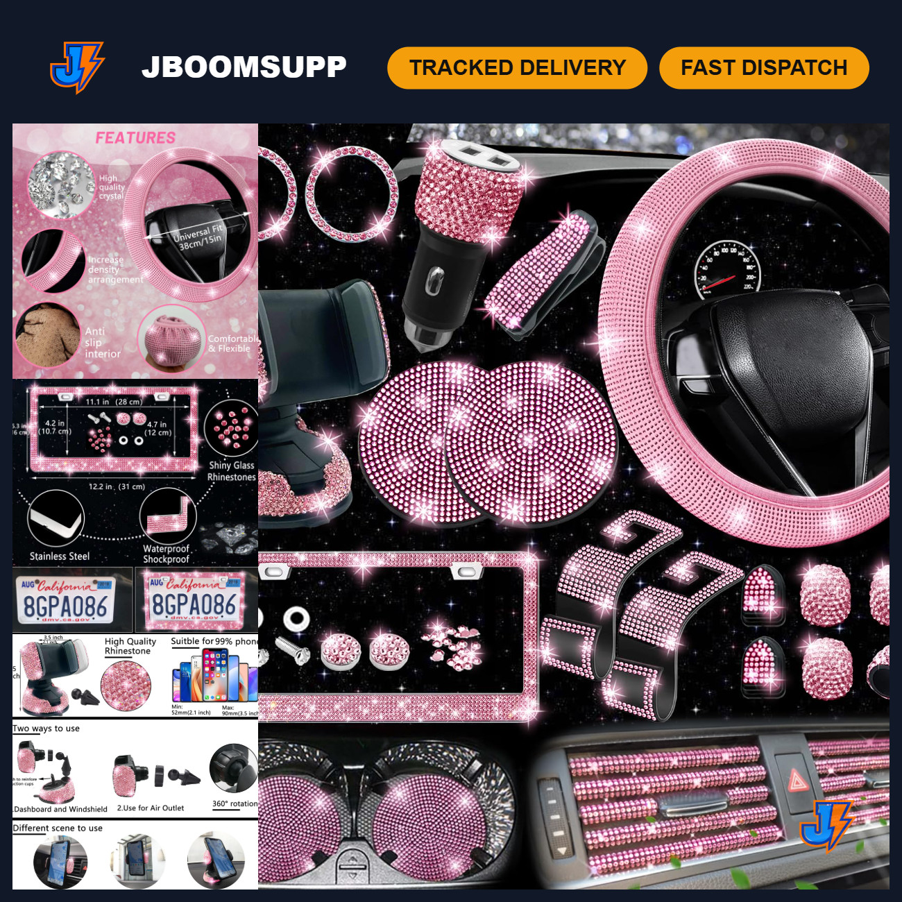 27-Piece Bling Car Accessories Set - Universal Steering Wheel Covers, Phone Hold
