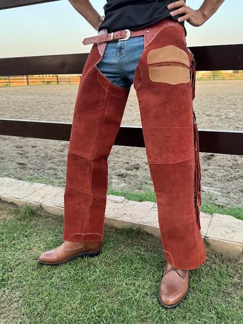 Men’s Brown Suede Leather Chaps Western Cowboy Fringe Lace-Up Biker Riding Pants
