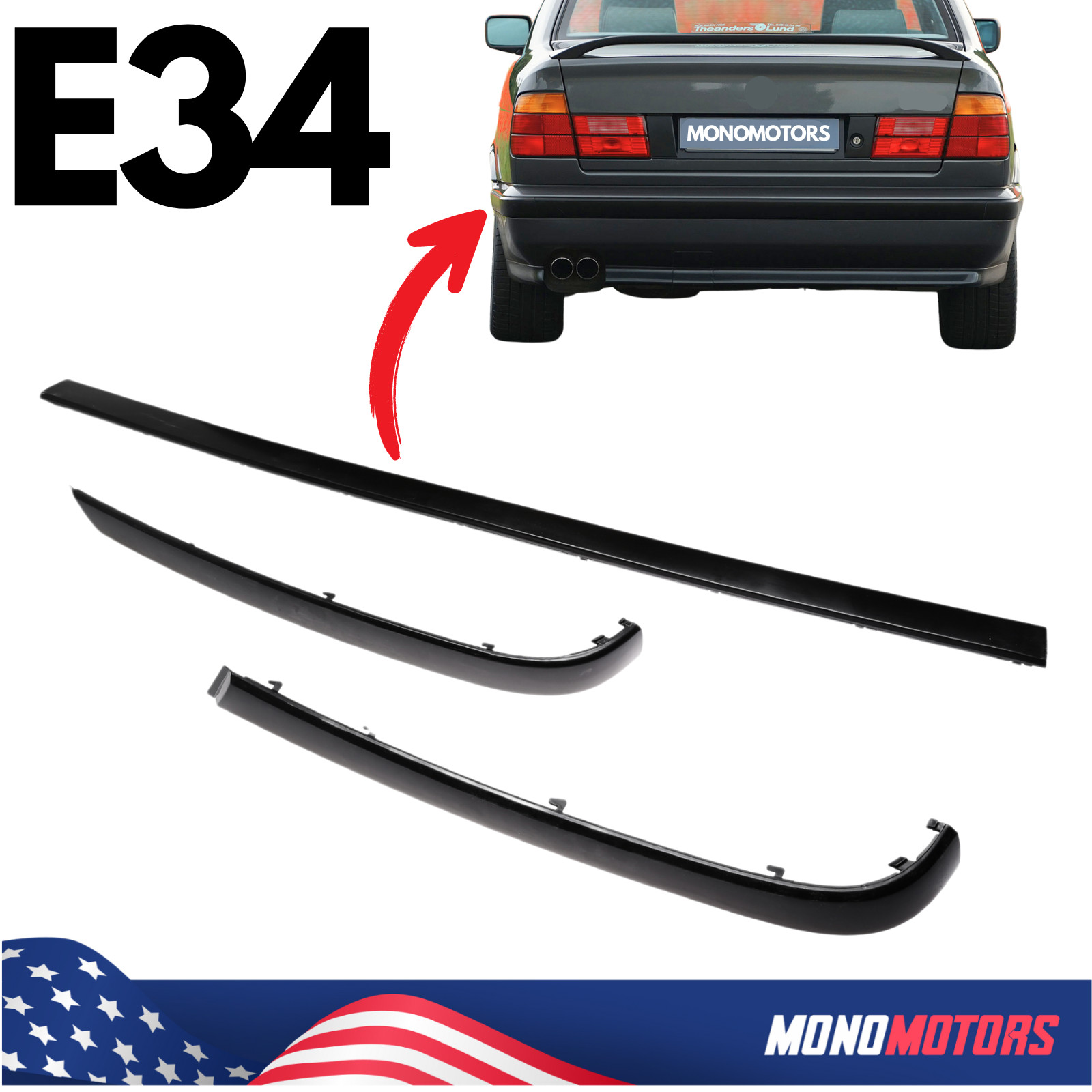 Rear Bumper Mouldings Set Fits BMW 5 Series E34 1987-1996 3PCS LEFT RIGHT CENTER