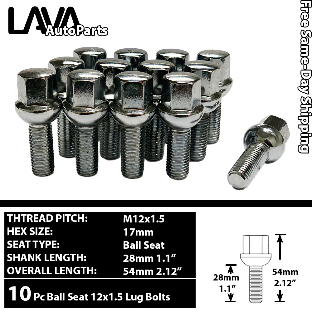 10PC CHROME 12X1.5 BALL SEAT LUG BOLT 28MM/40MM SHANK FIT MERCEDES STOCK WHEEL