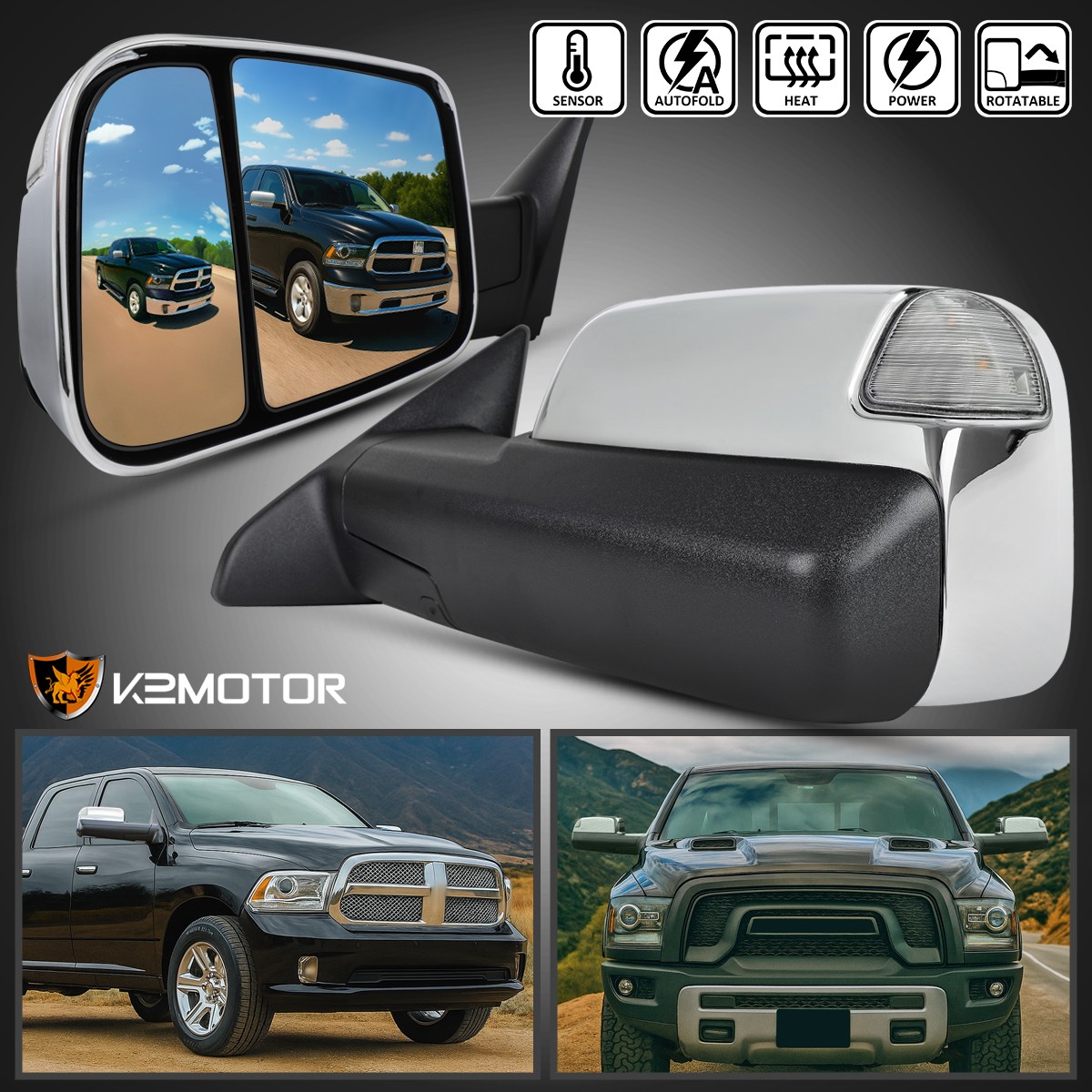Fits 2013-2024 Ram 1500 Chrome Power Fold+Heated+LED Signal Puddle Tow Mirrors