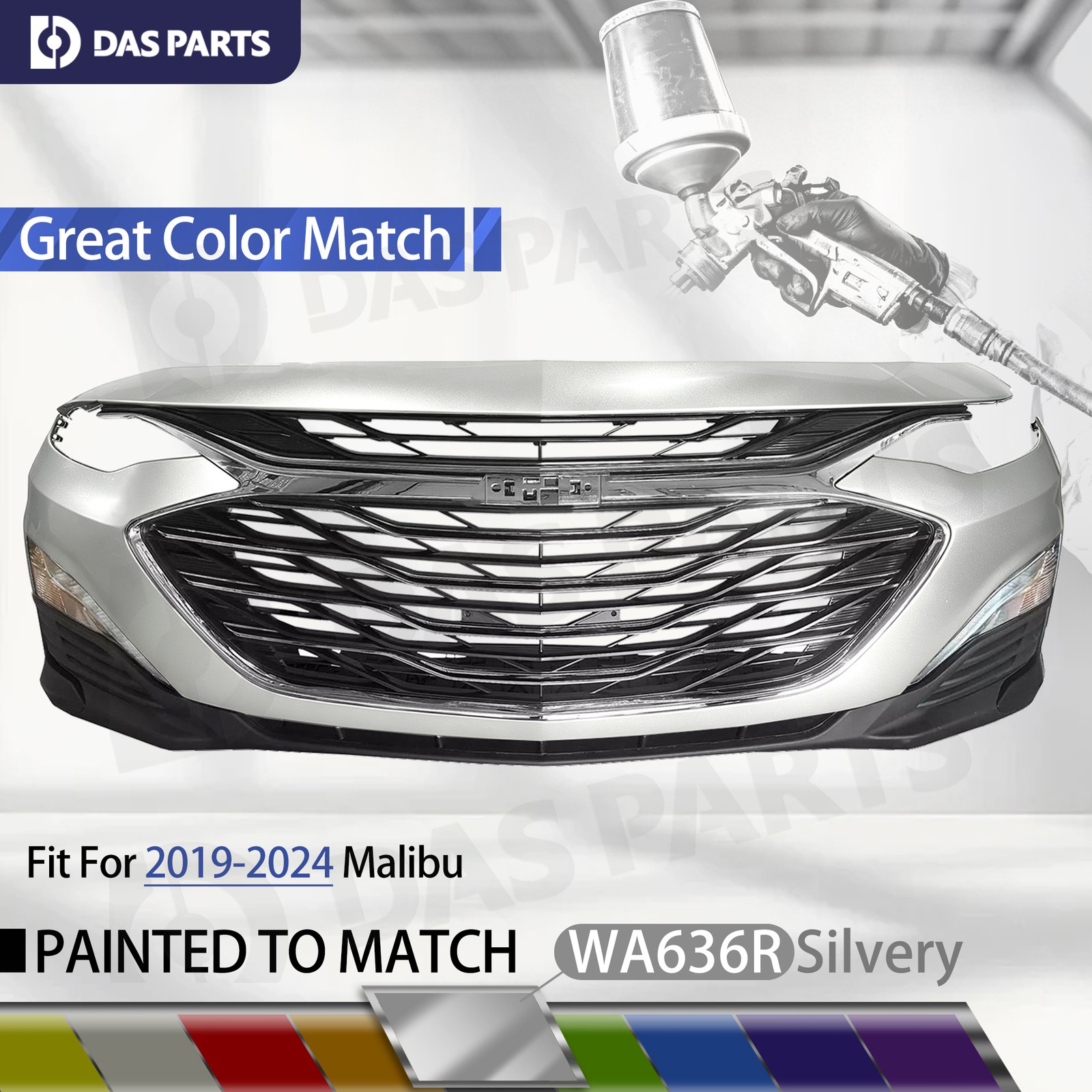 For 2019-24 Chevy Malibu Painted Icy Silver Front Bumper Cover Grille Fog Lights