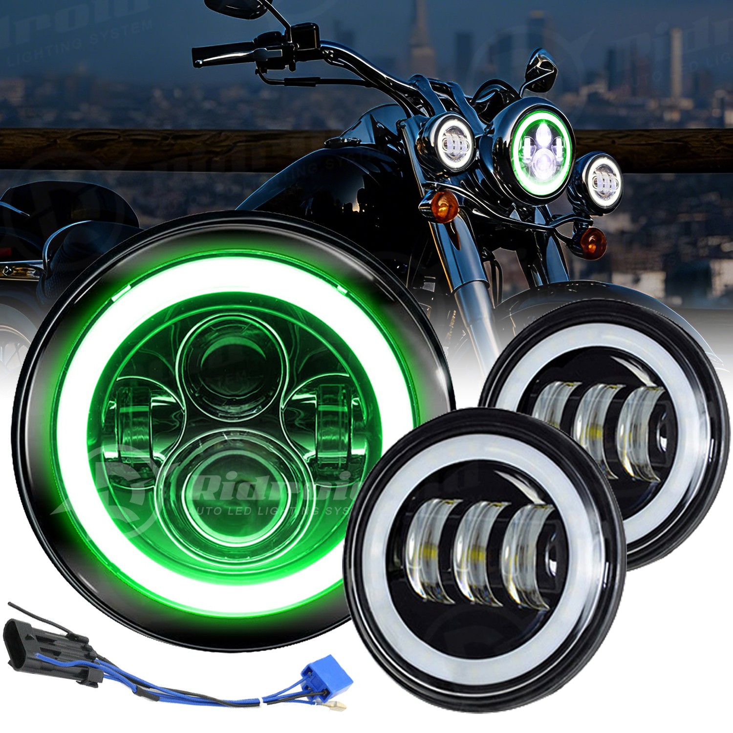 Green Halo 7 inch LED Headlight 4.5\