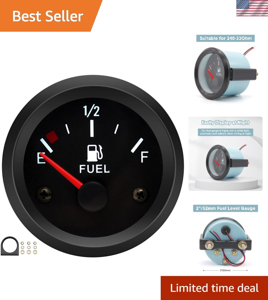 Universal 2 Inch Fuel Gauge 240-33 Ohm 12V for Cars Trucks Boats Motorcycles