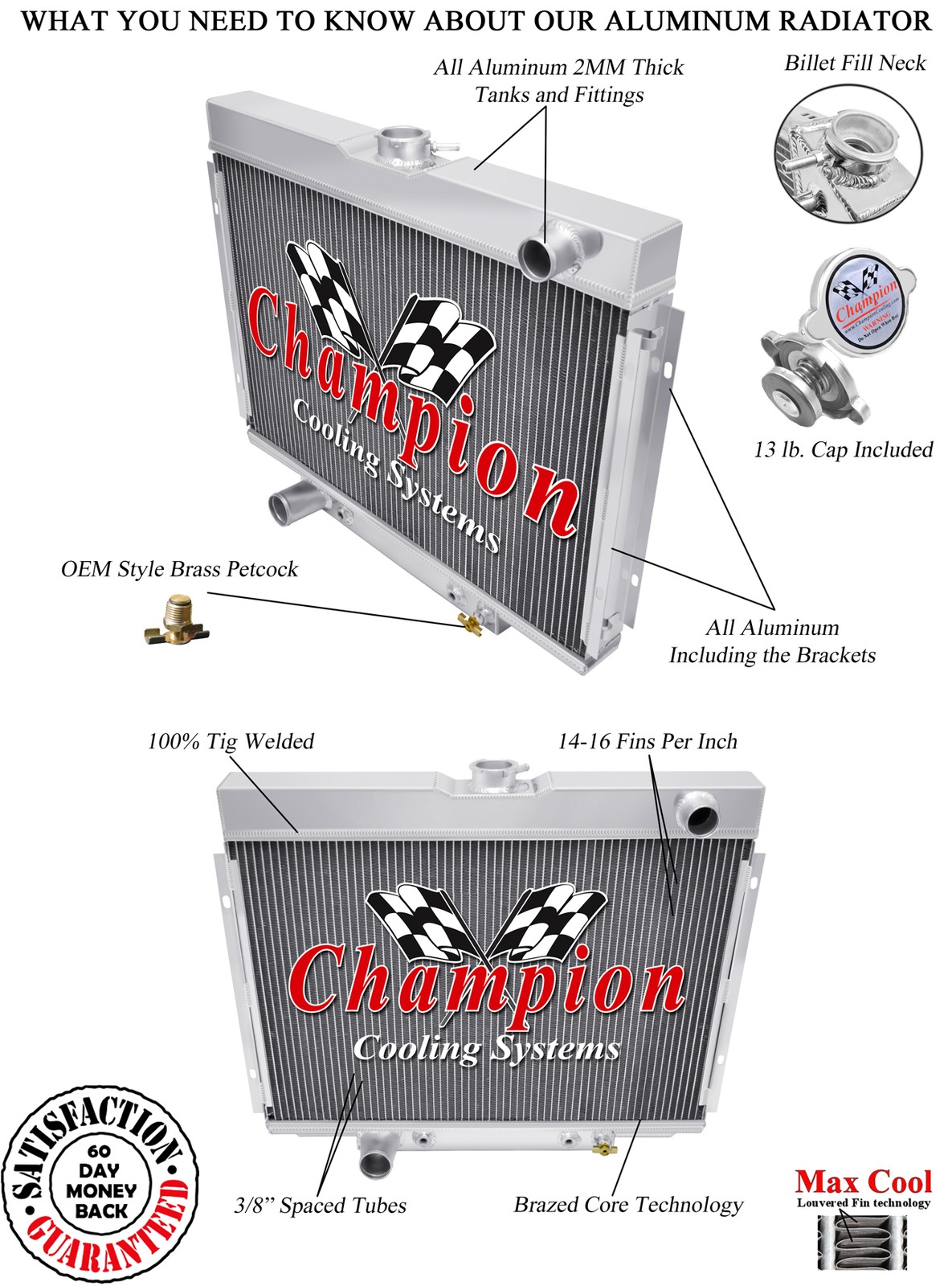 1967-1970 24 Inch Core Mustang/Cougar Aluminum 4 Row Core KR Champion Radiator