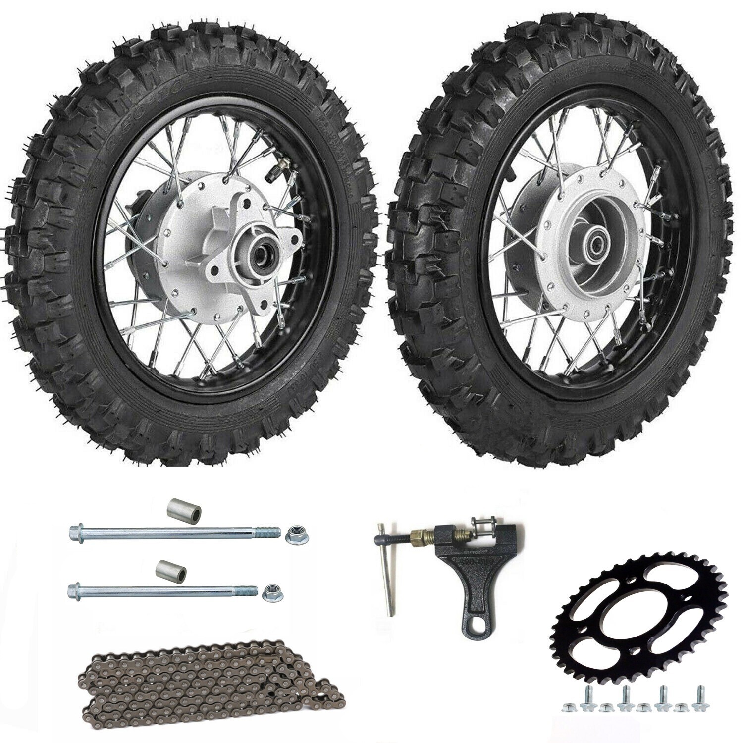Pair of 2.50-10 Front Rear Tire Rim Drum Brake Wheel 420 37T Sprocket Chain 50cc Pair of 2.50-10 Front Rear Tire Rim Drum Brake Wheel 420 37T Sprocket Chain 50cc
